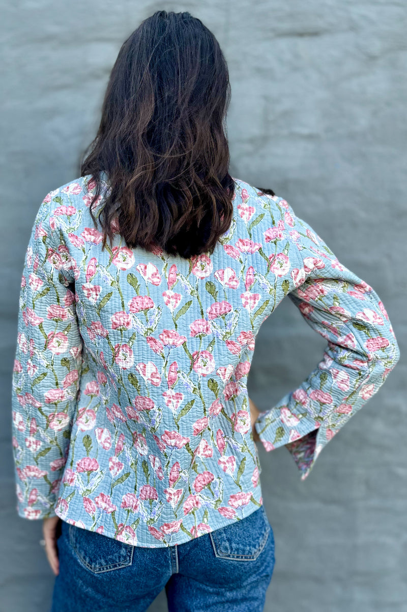 Quilted Cotton Jacket In Blue & Blush Rose Garden