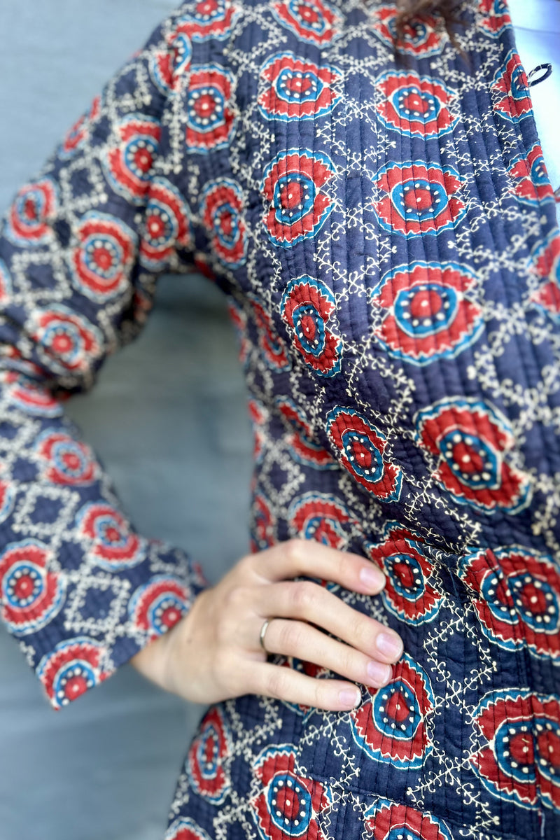 Quilted Cotton Jacket In Navy & Red Mandala