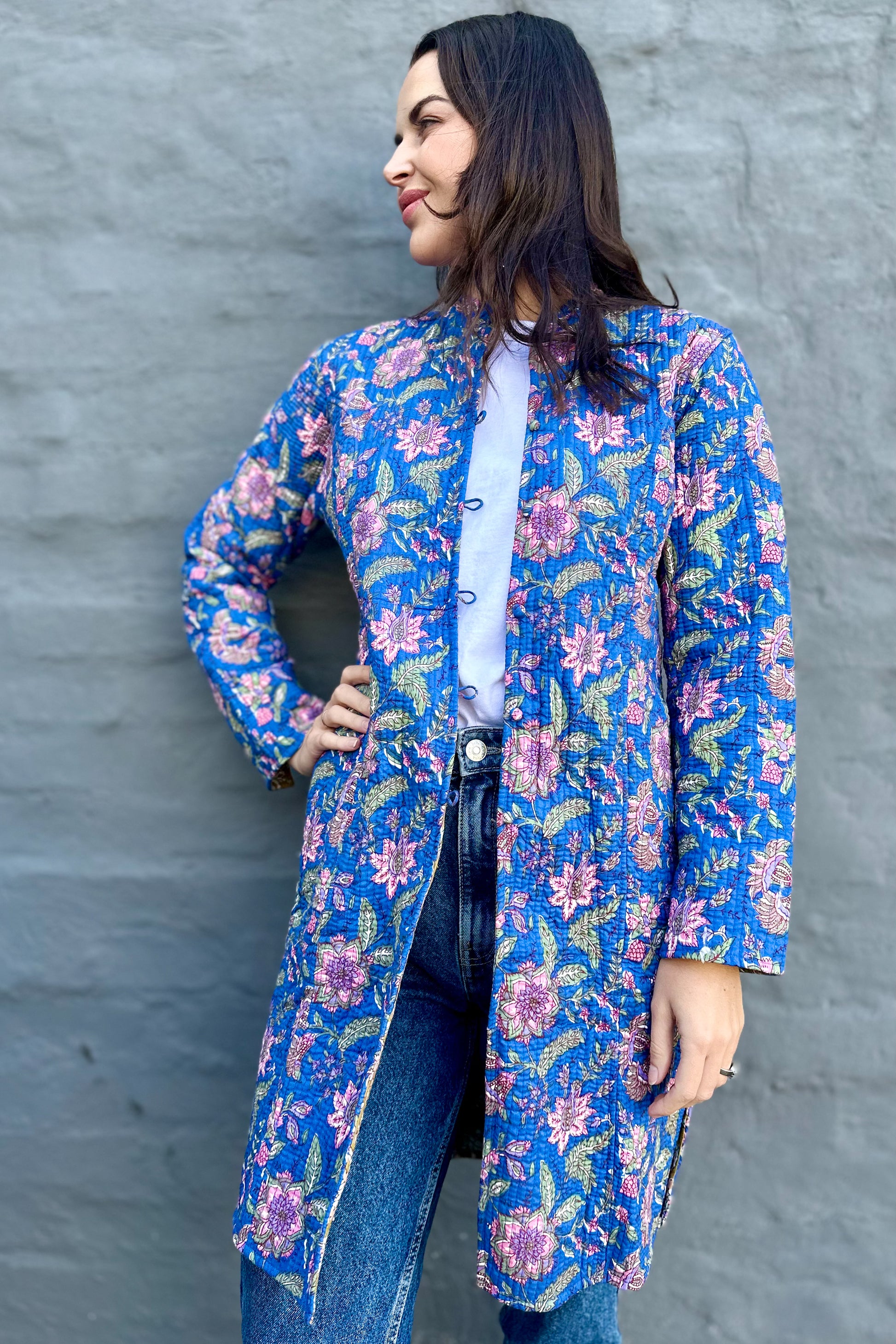 Quilted Cotton Coat In Royal Botanical