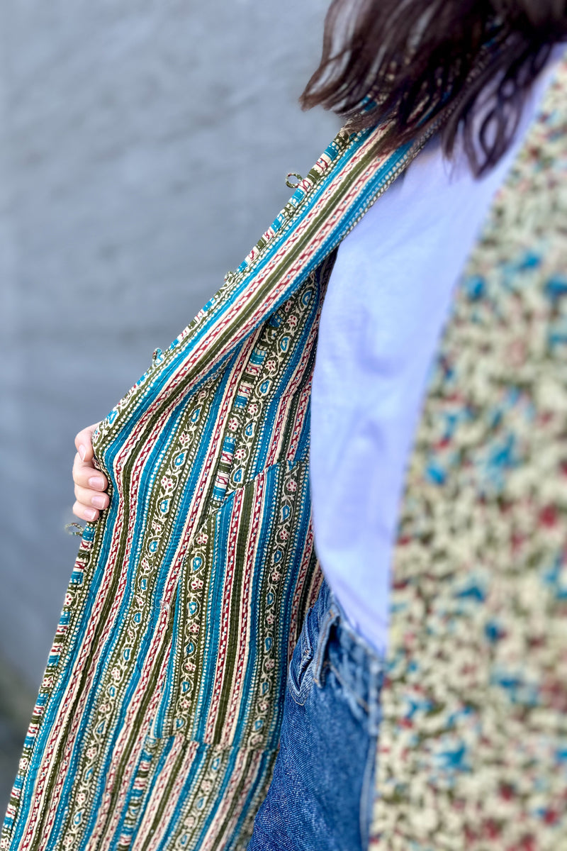 Quilted Cotton Coat In Olive & Rust Floral