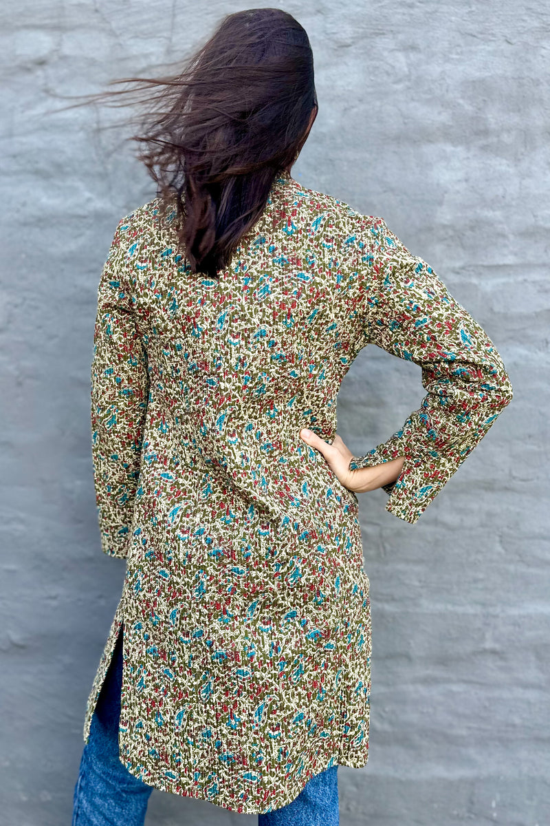 Quilted Cotton Coat In Olive & Rust Floral