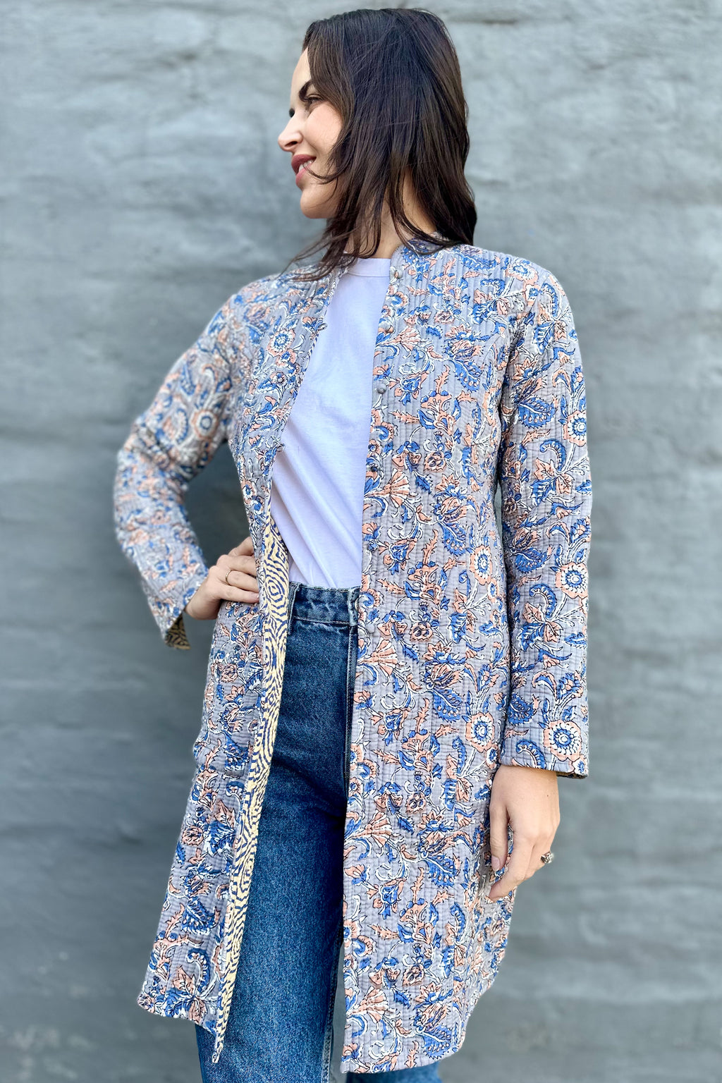 Quilted Cotton Coat In Grey & Blue Botanical