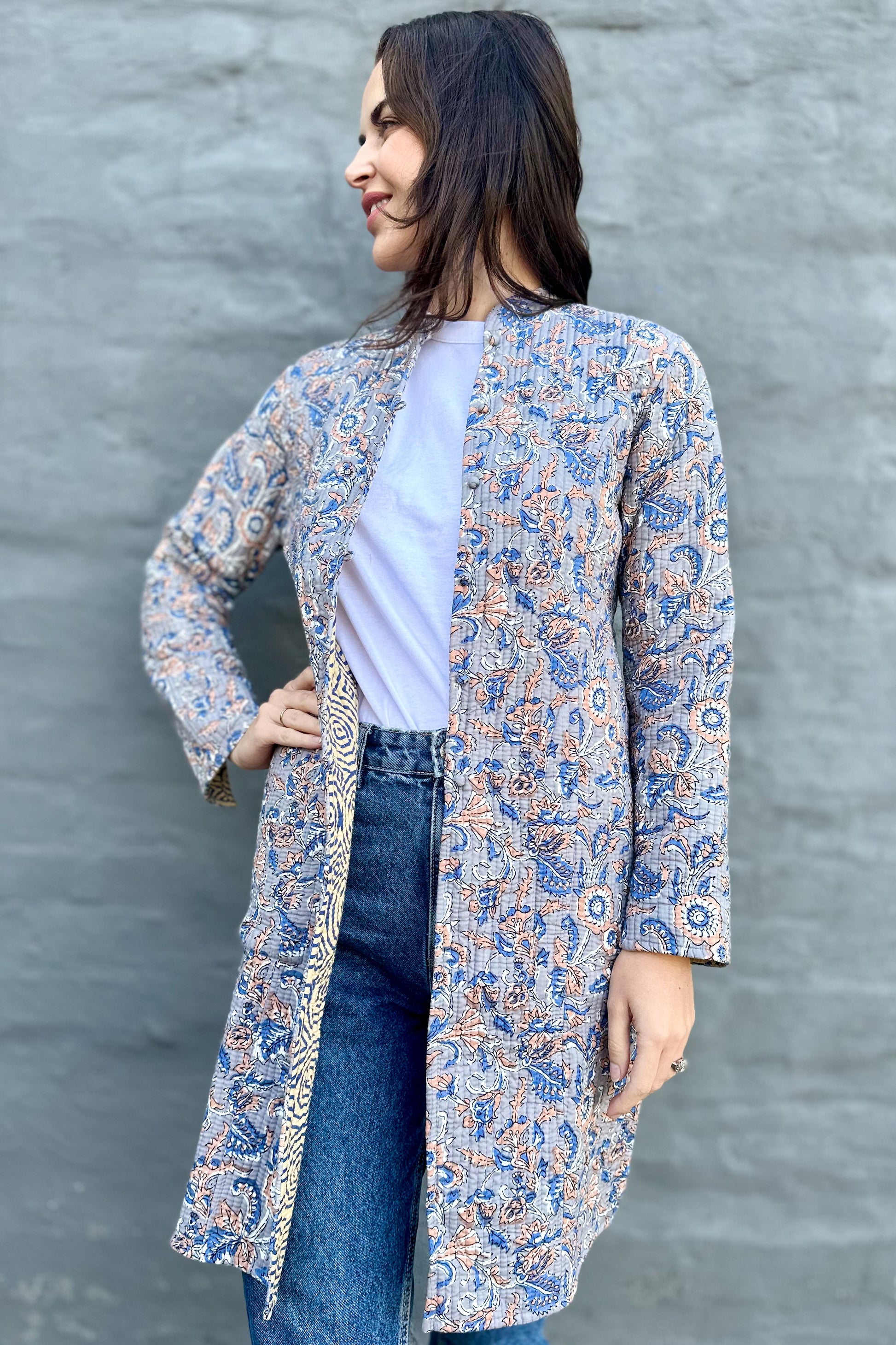 Quilted Cotton Coat In Grey & Blue Botanical