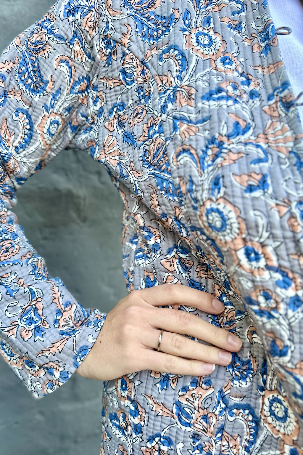 Quilted Cotton Coat In Grey & Blue Botanical