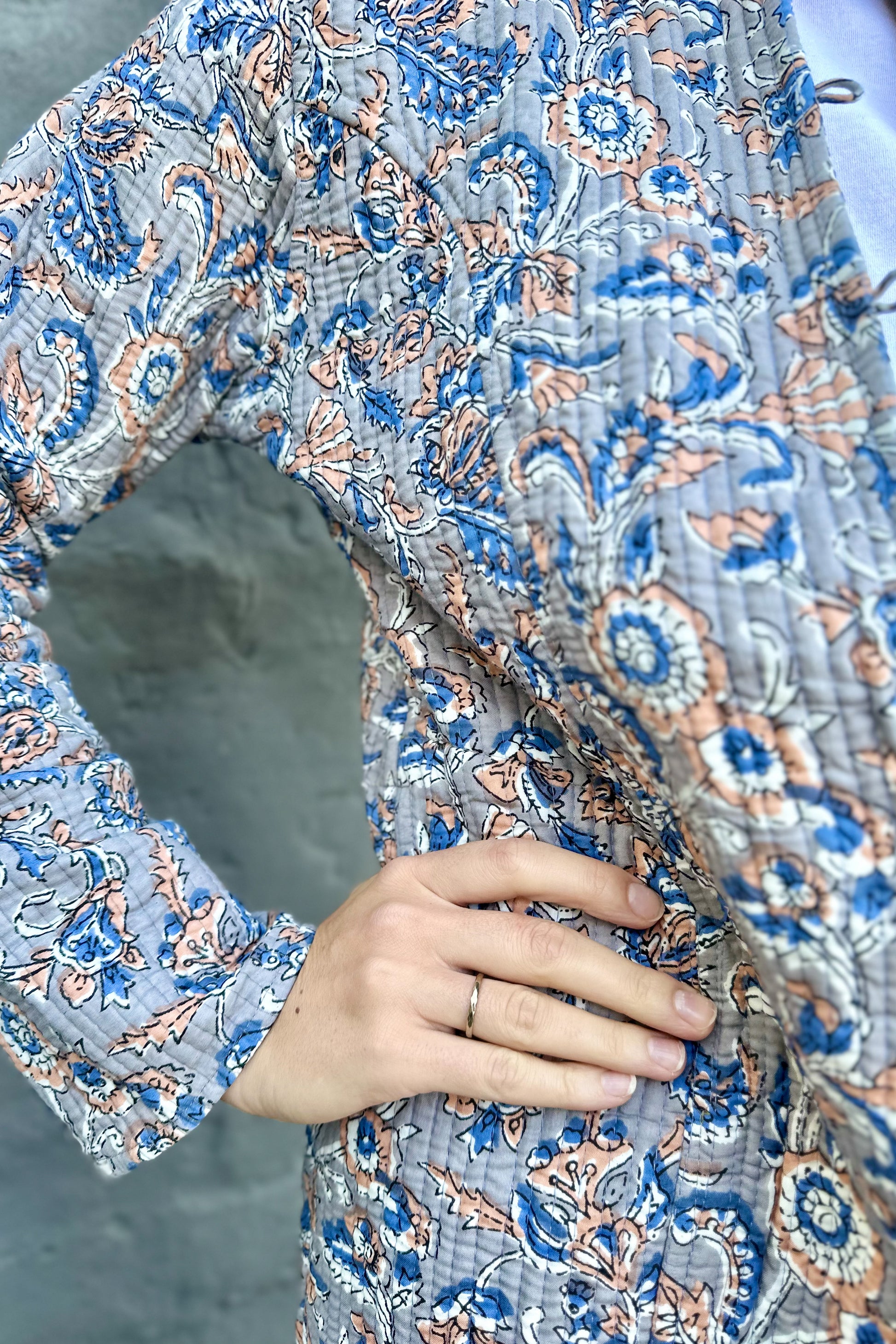 Quilted Cotton Coat In Grey & Blue Botanical