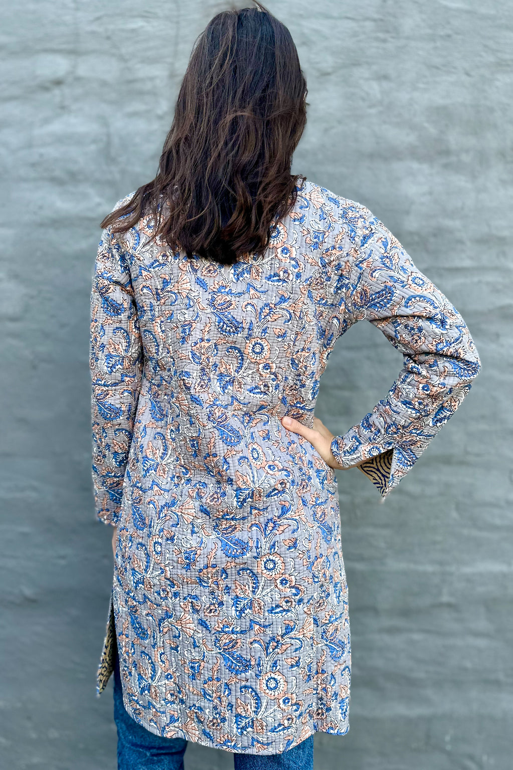 Quilted Cotton Coat In Grey & Blue Botanical