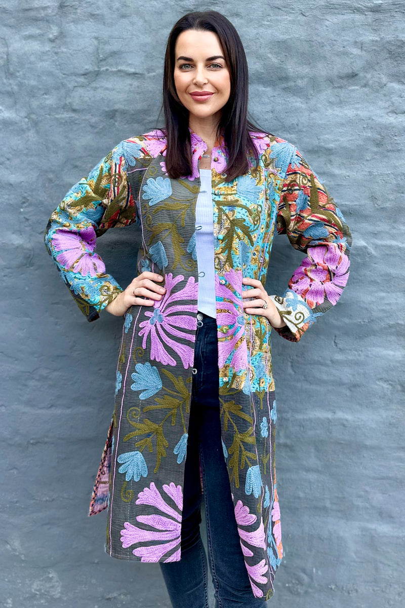 Embroidered Kantha Jacket In Blue & Lilac Blooms
