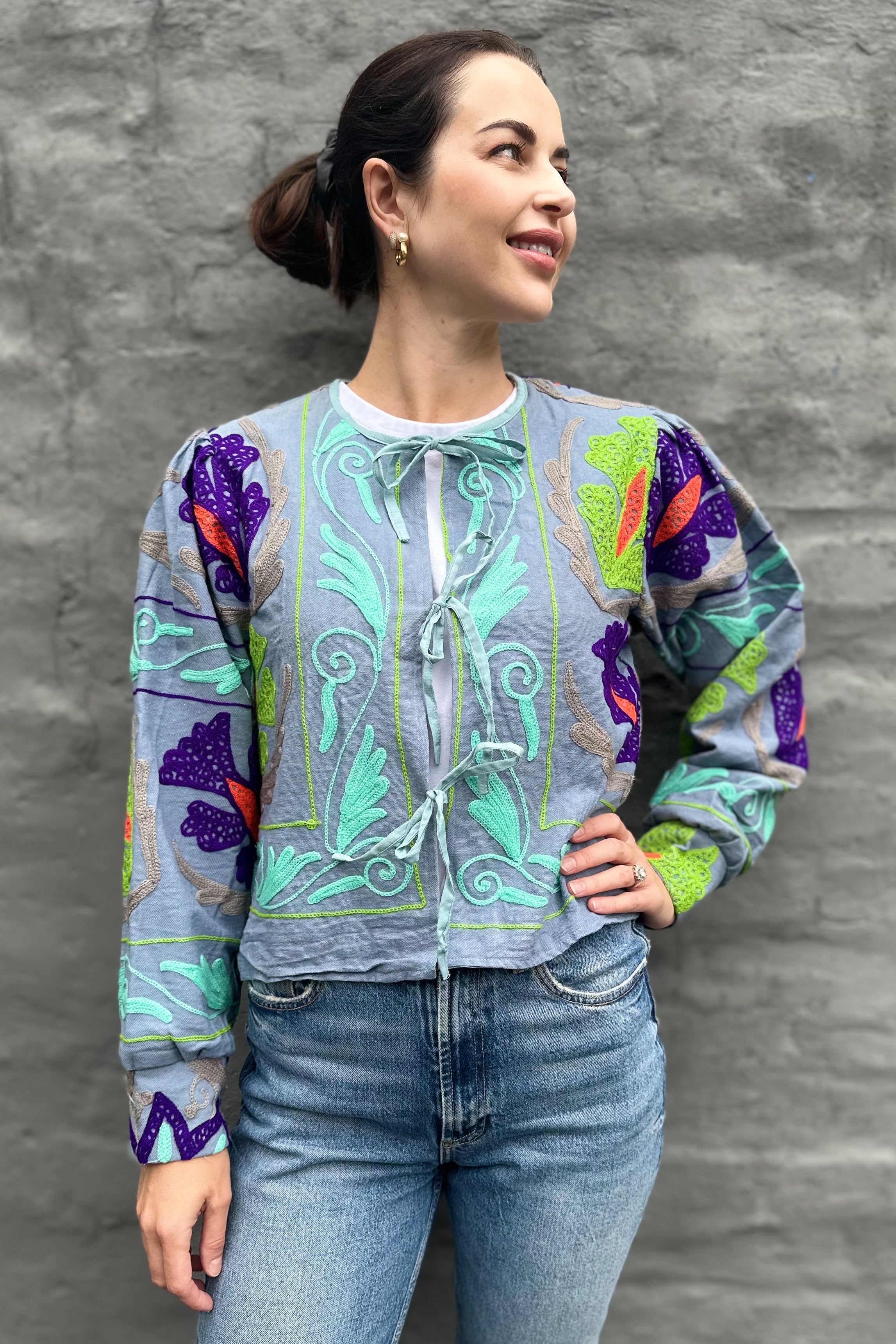 Cotton Suzani Jacket In Dusty Blue