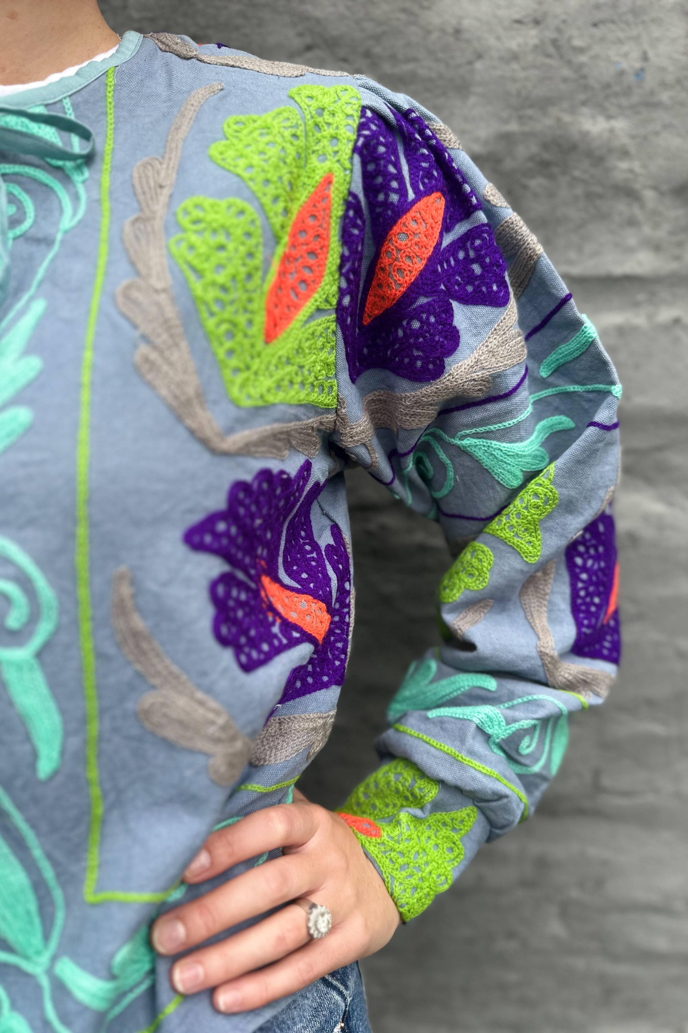 Cotton Suzani Jacket In Dusty Blue