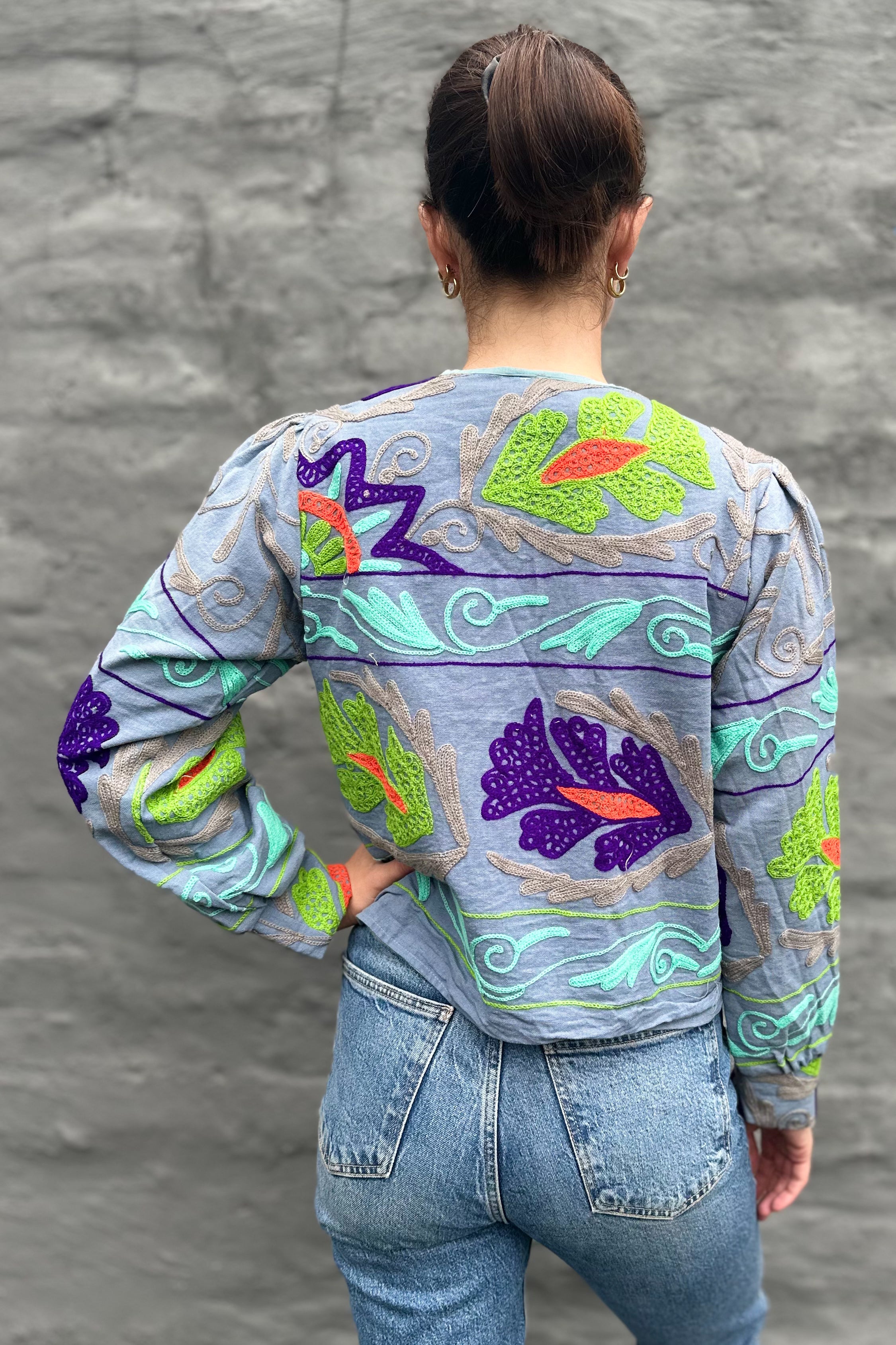 Cotton Suzani Jacket In Dusty Blue