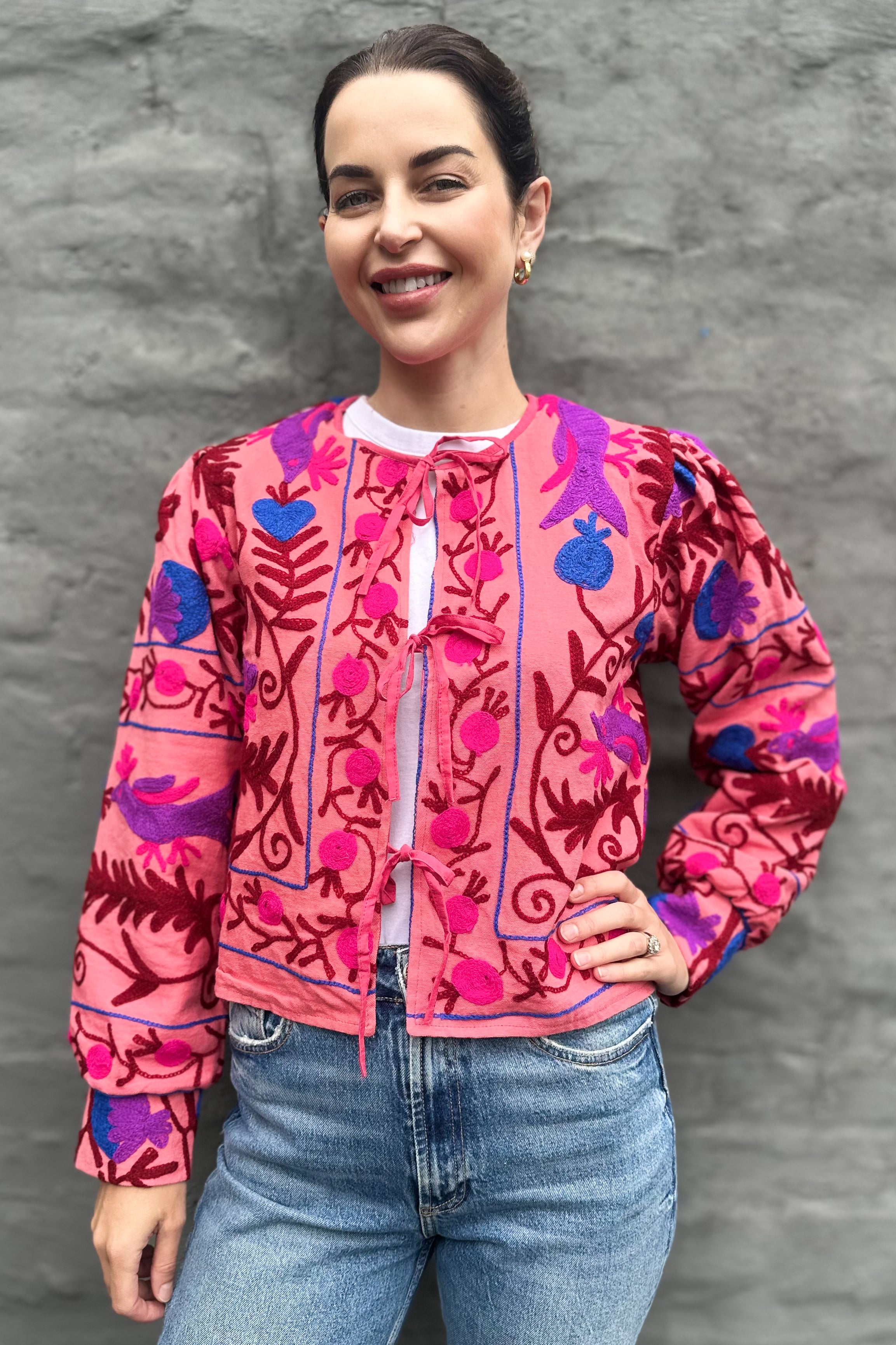 Cotton Suzani Jacket In Salmon