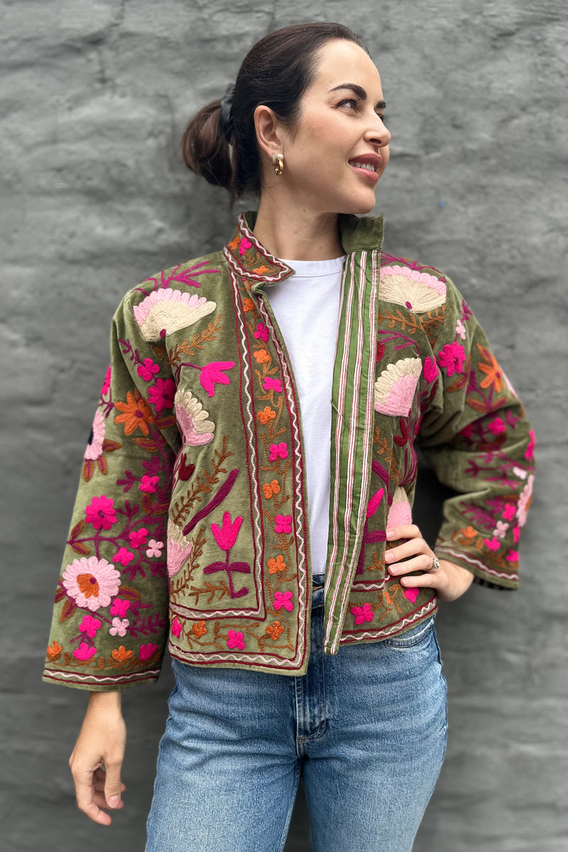 Velvet Suzani Jacket In Sage