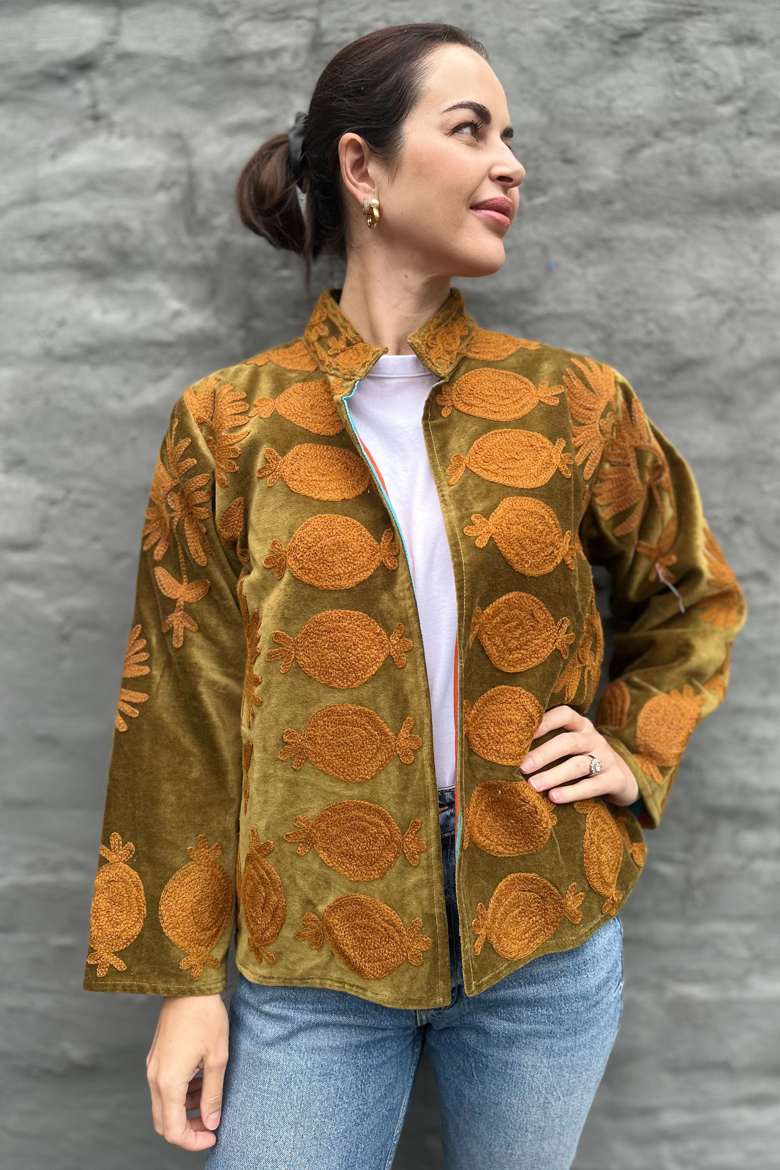 Poppy Velvet Jacket In Tanned Olive