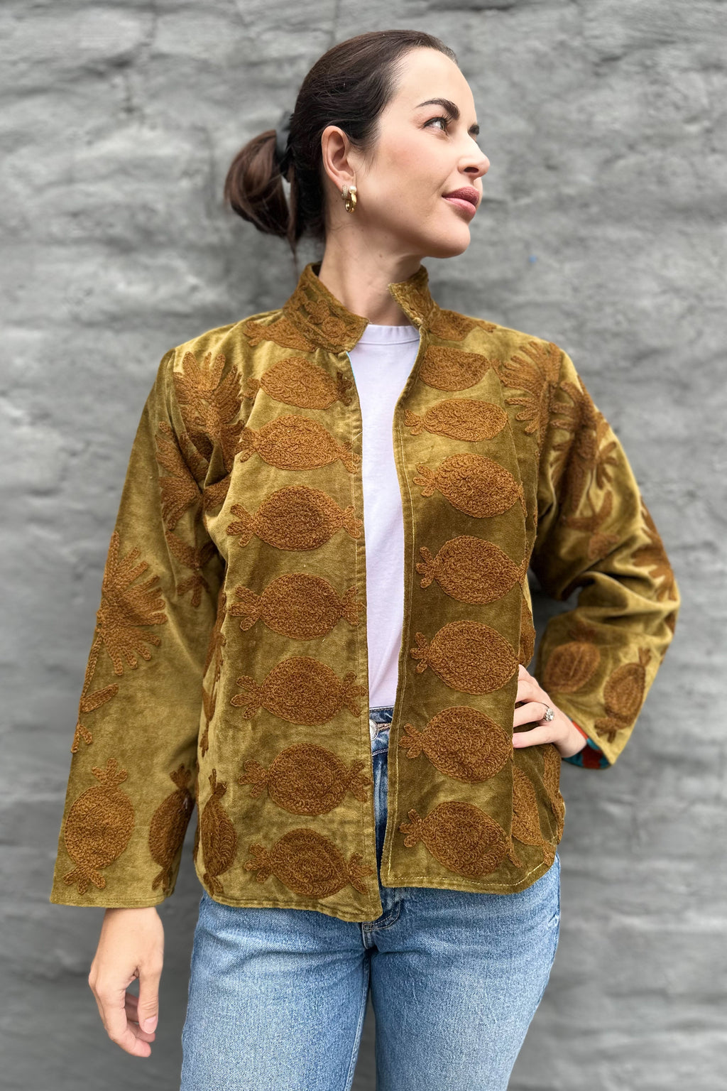 Poppy Velvet Jacket In Chocolate Olive