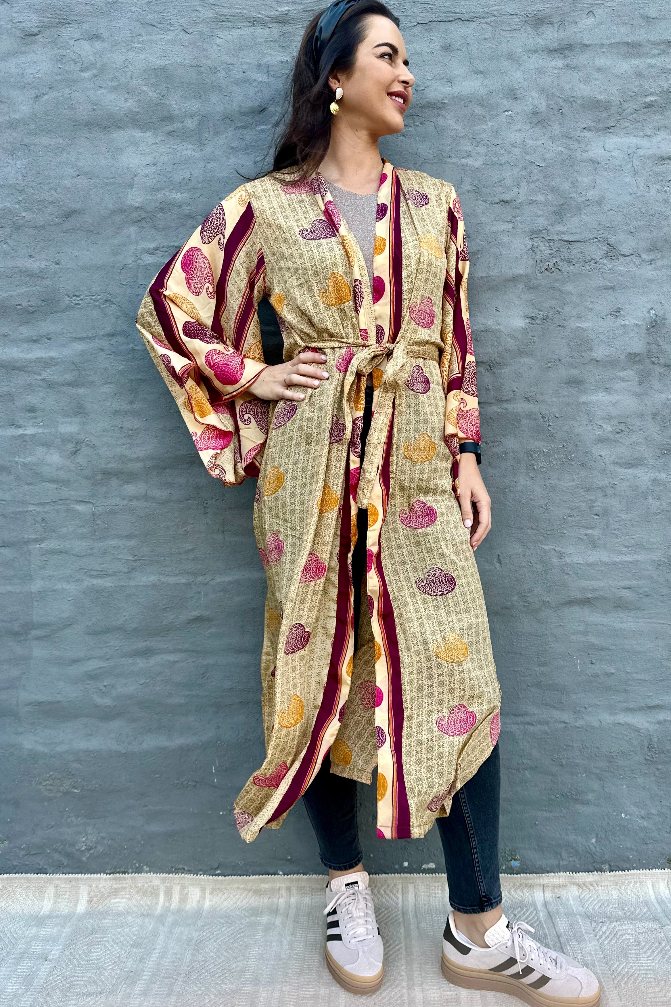 Upcycled Silk Sari Kimono In Golden Merlot