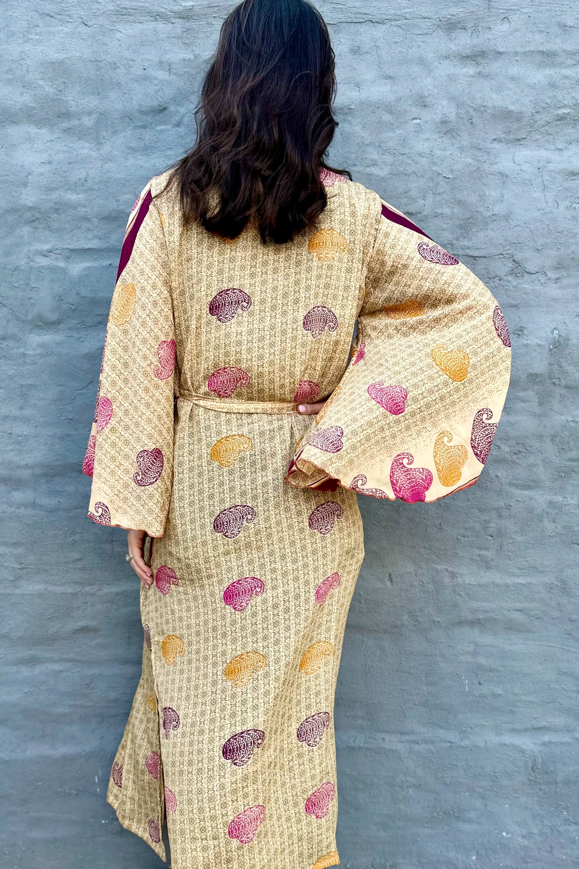 Upcycled Silk Sari Kimono In Golden Merlot