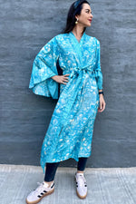 Upcycled Silk Sari Kimono In Turquoise Watercolour