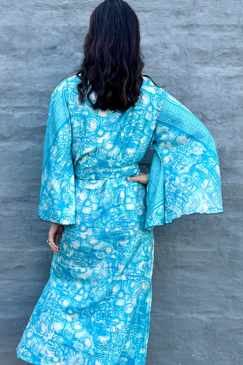 Upcycled Silk Sari Kimono In Turquoise Watercolour