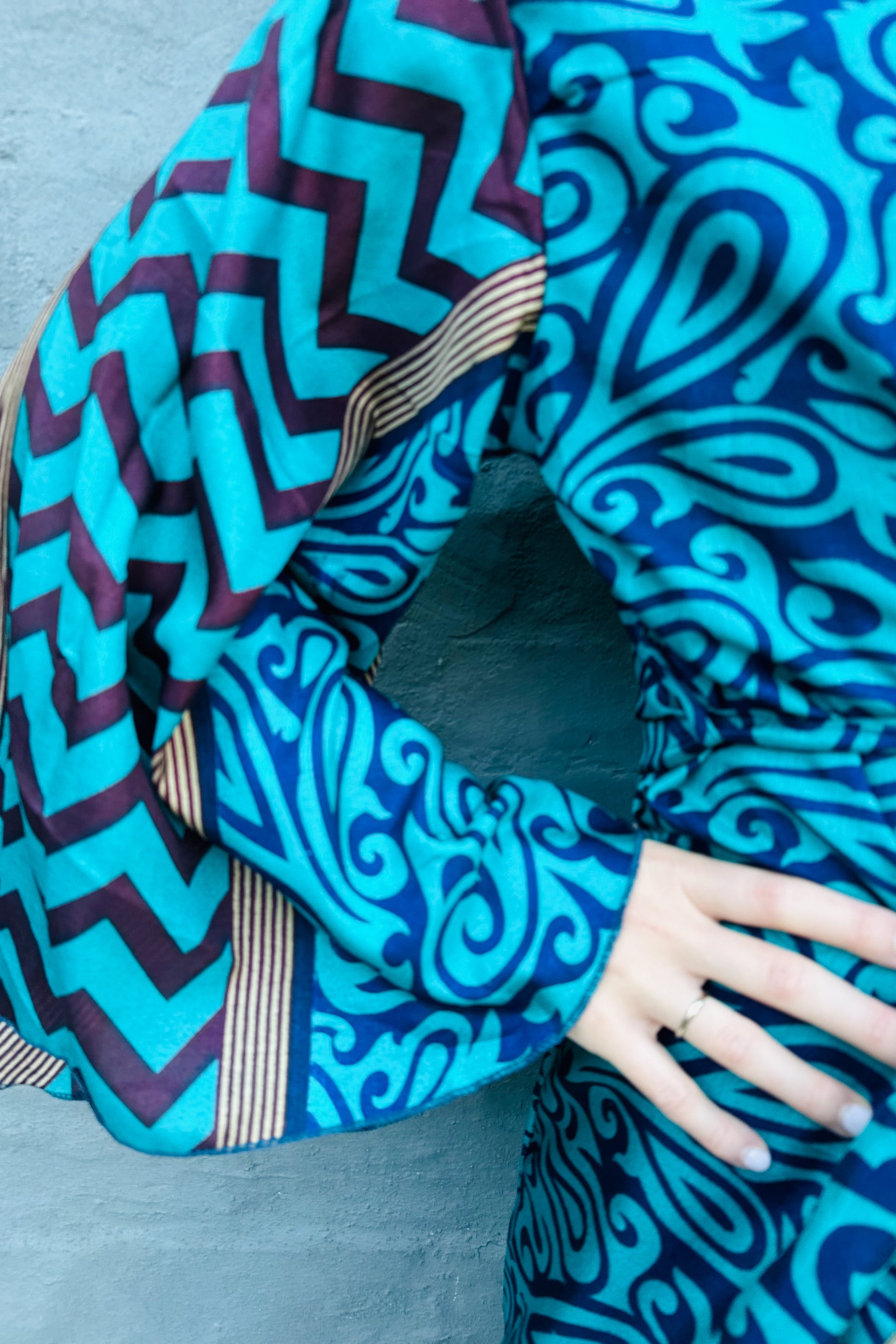 Upcycled Silk Sari Kimono In Navy & Teal Swirl