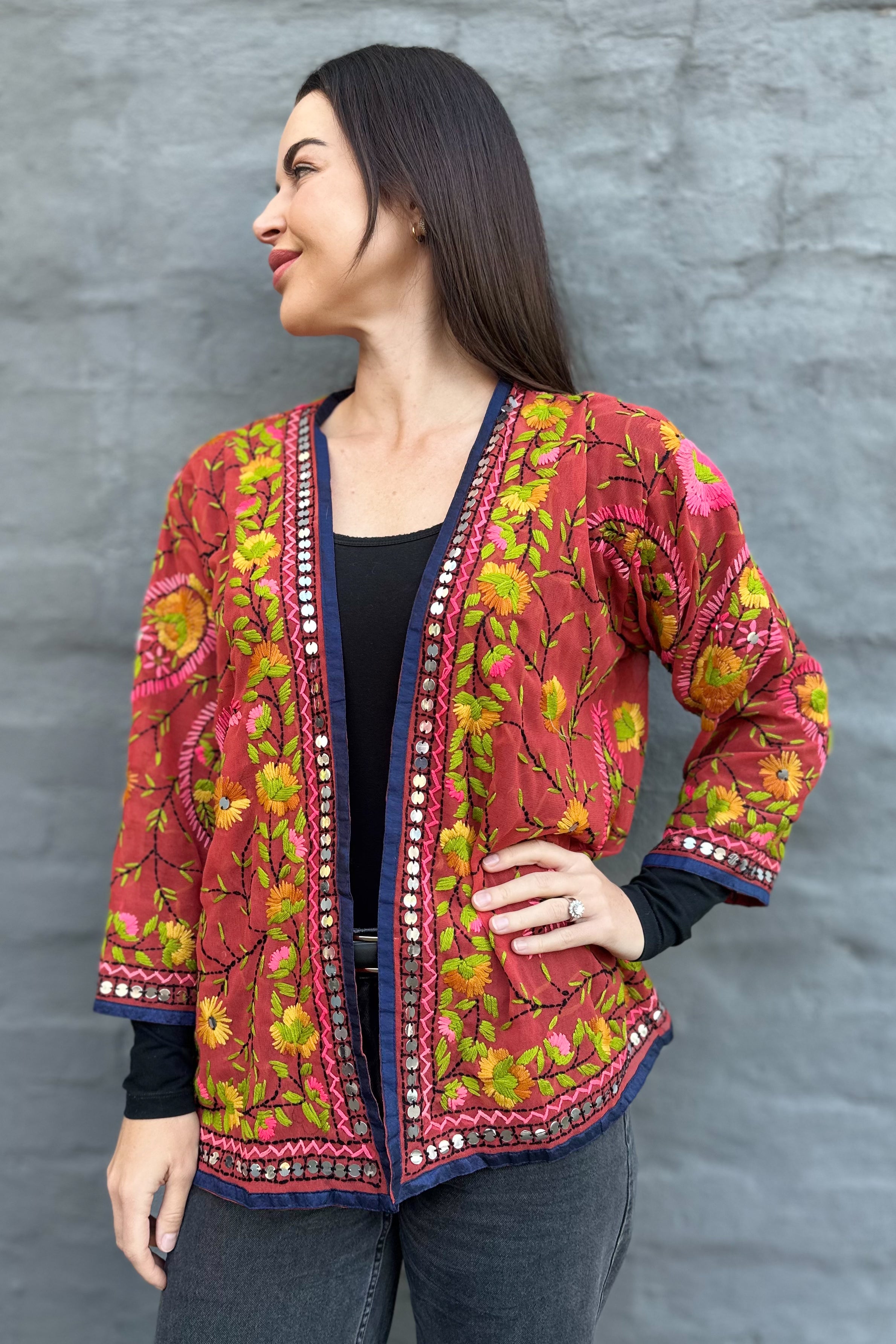 Phulkari Jacket In Rusty Vine