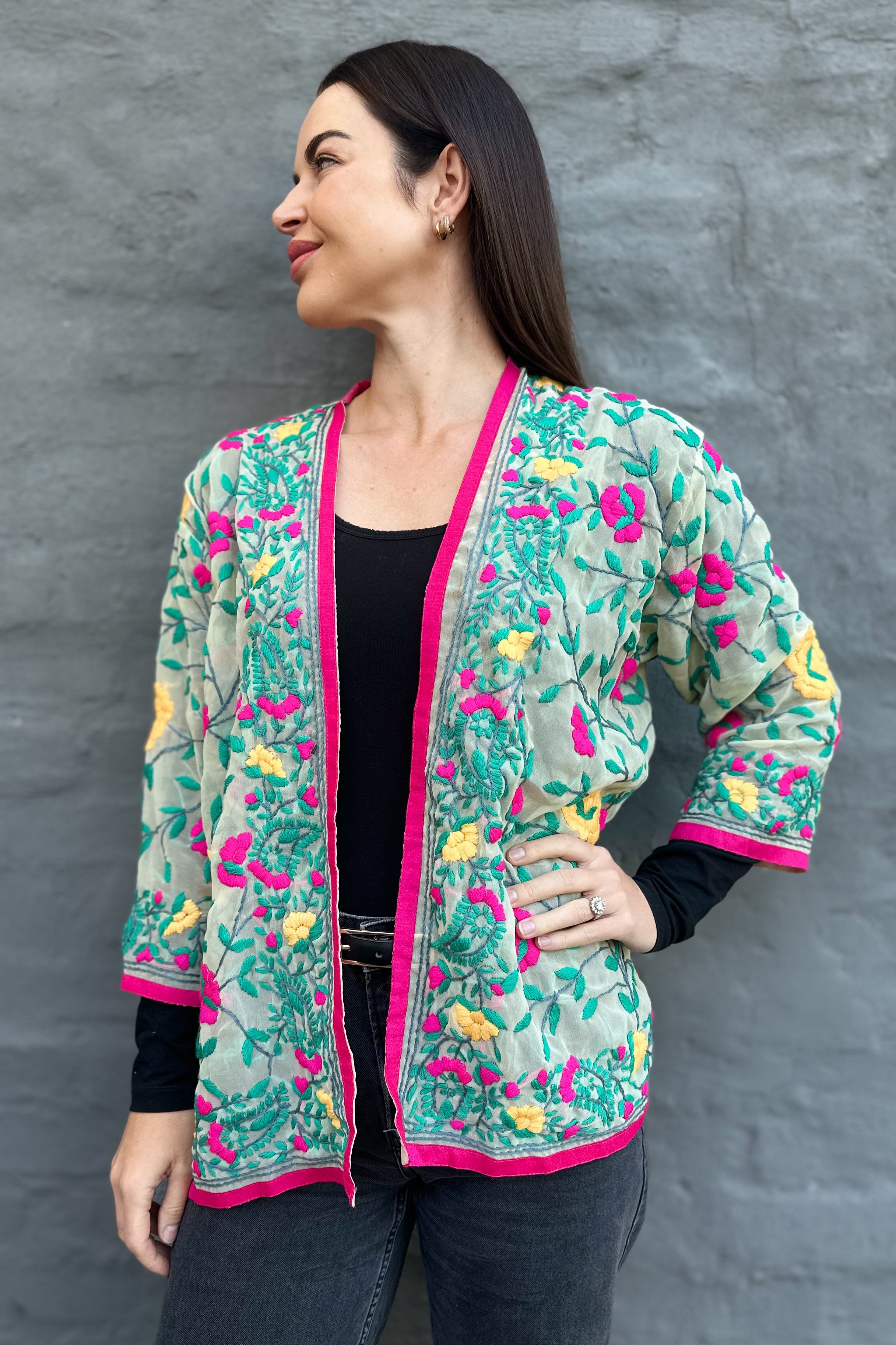 Phulkari Jacket In Fuchsia Rose