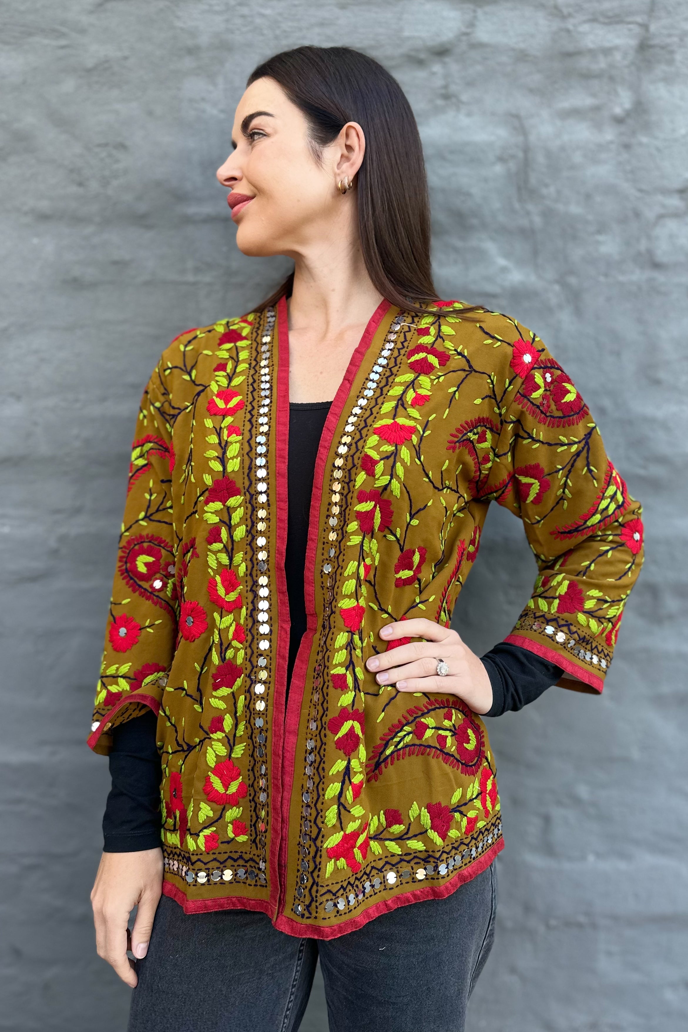 Phulkari Jacket In Crimson Khaki