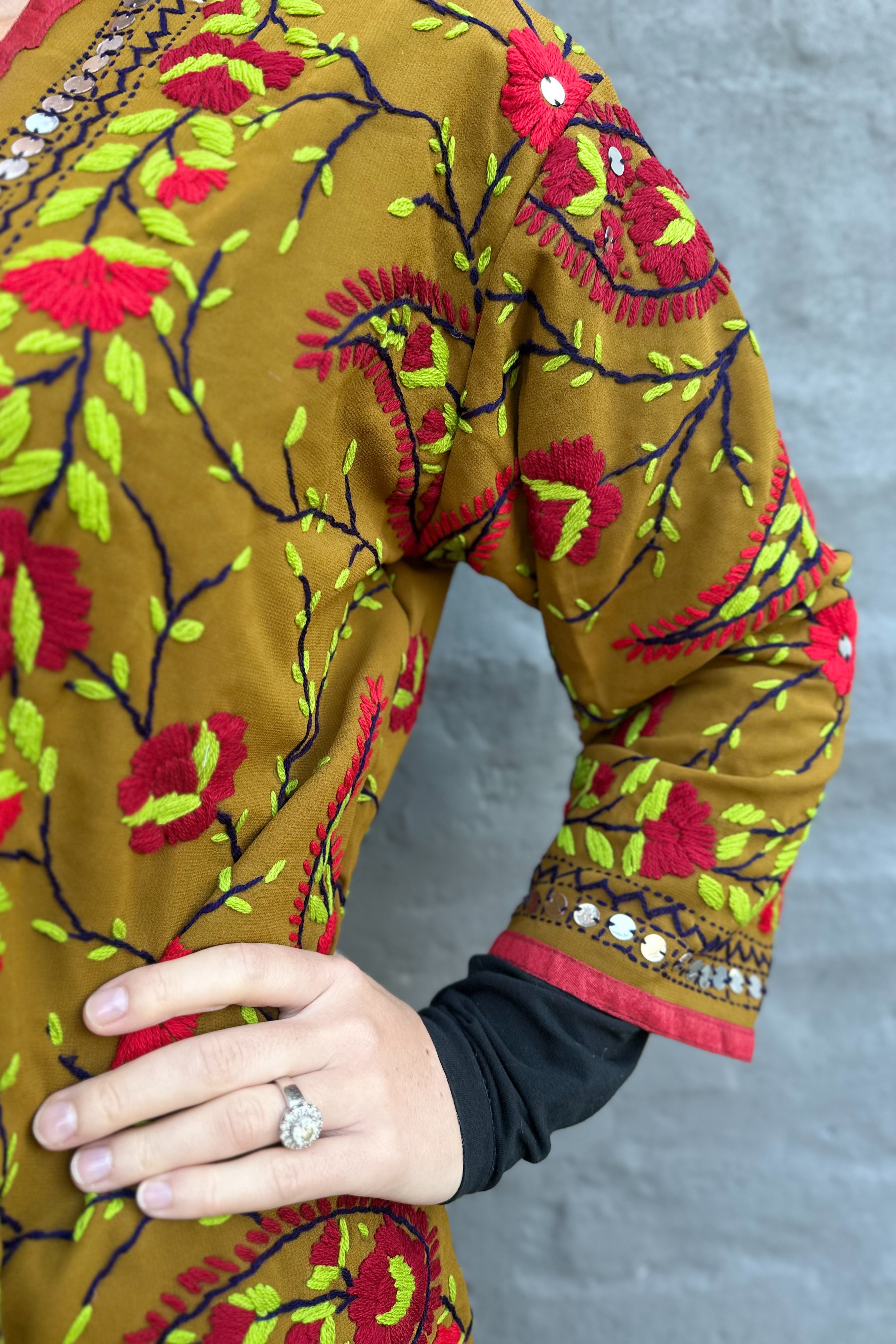 Phulkari Jacket In Crimson Khaki