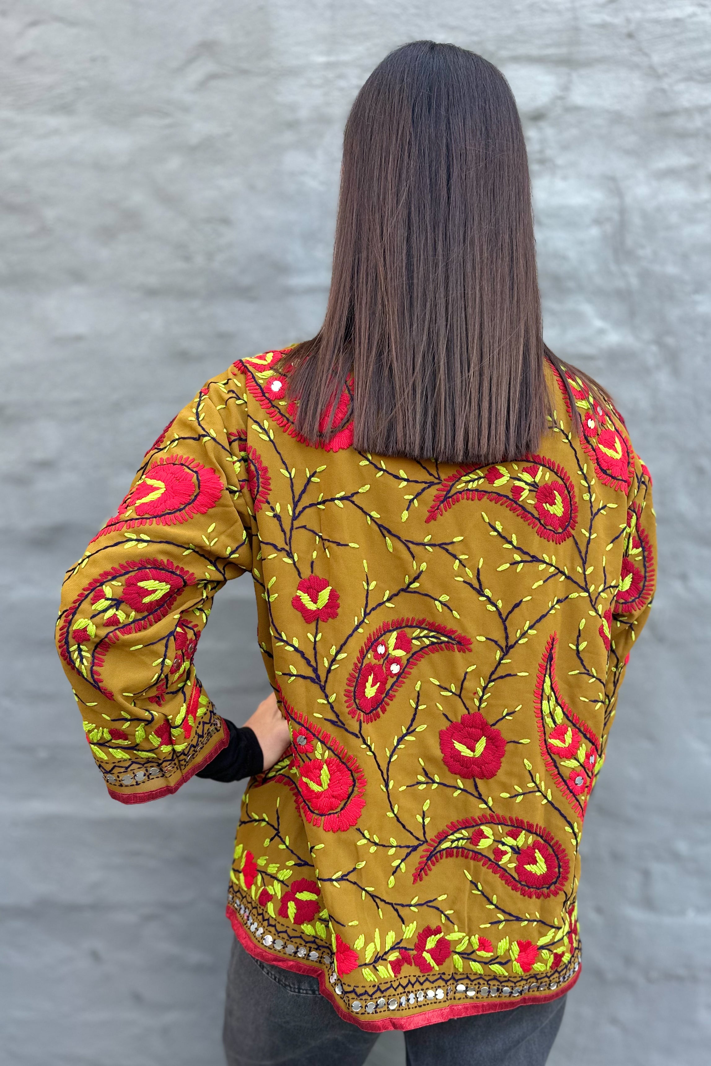 Phulkari Jacket In Crimson Khaki