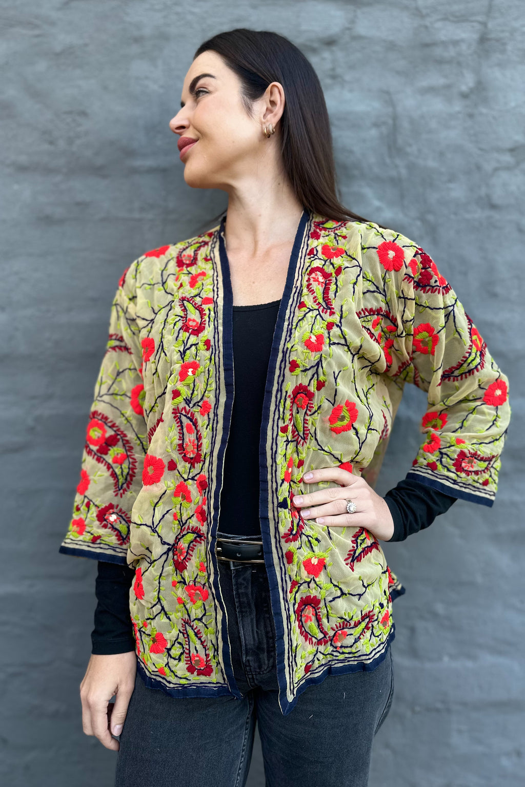 Phulkari Jacket In Lime & Red Paisley