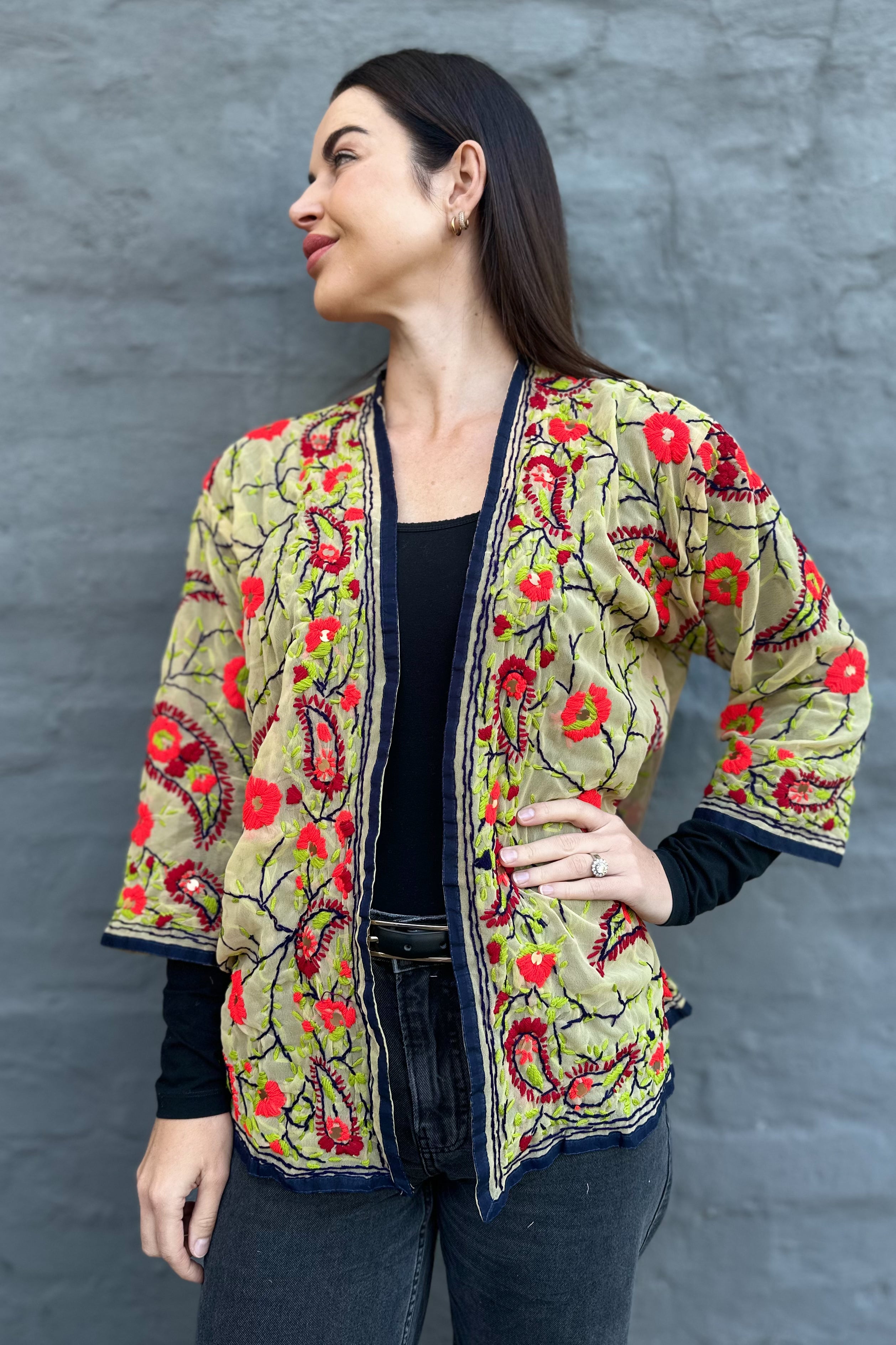 Phulkari Jacket In Lime & Red Paisley