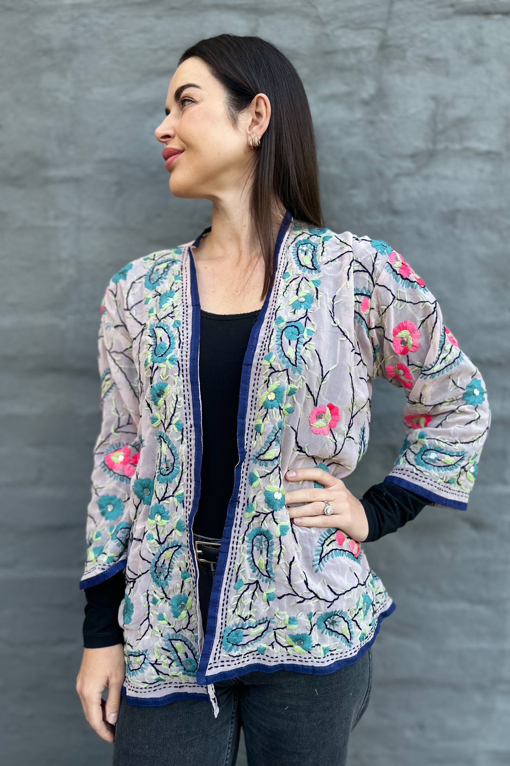 Phulkari Jacket In Pink Paisley Vine
