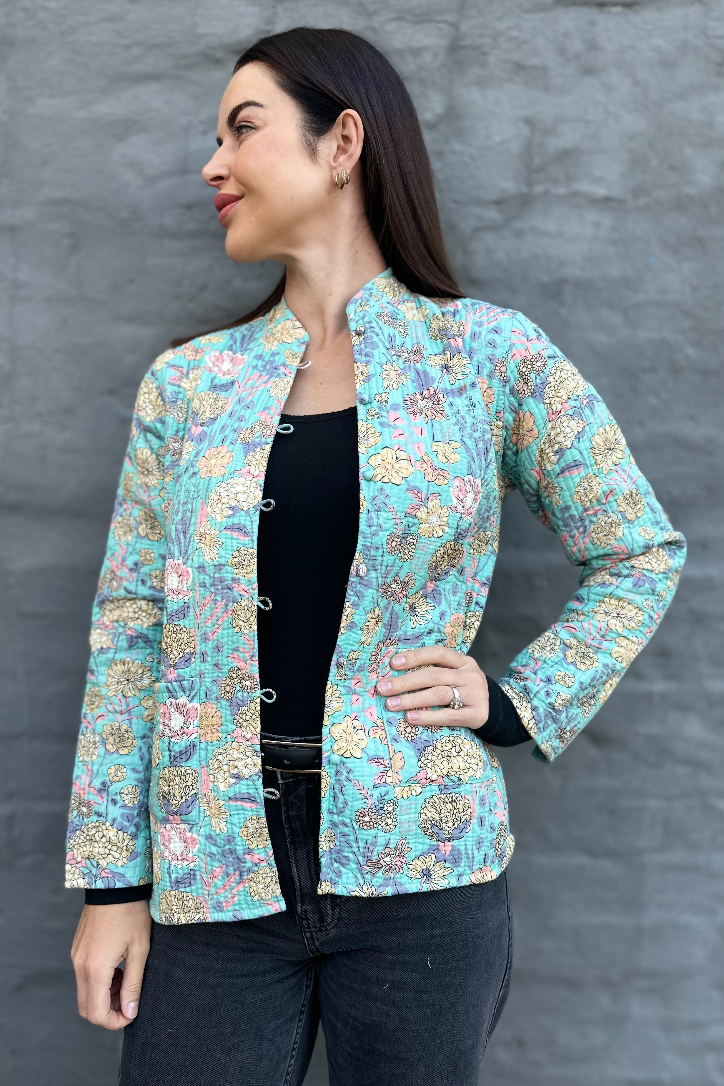 Quilted Cotton Jacket In Turquoise Floral