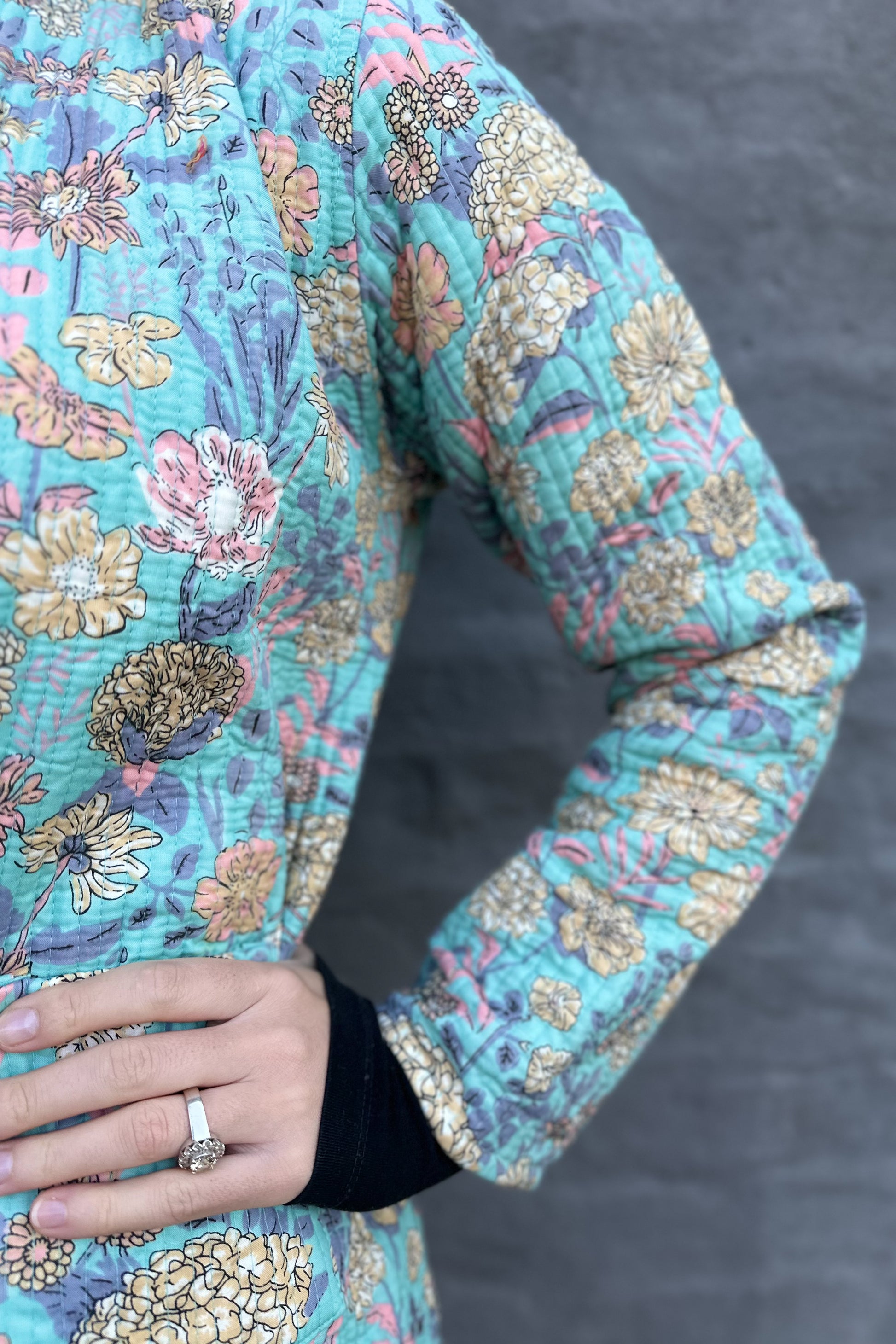 Quilted Cotton Jacket In Turquoise Floral