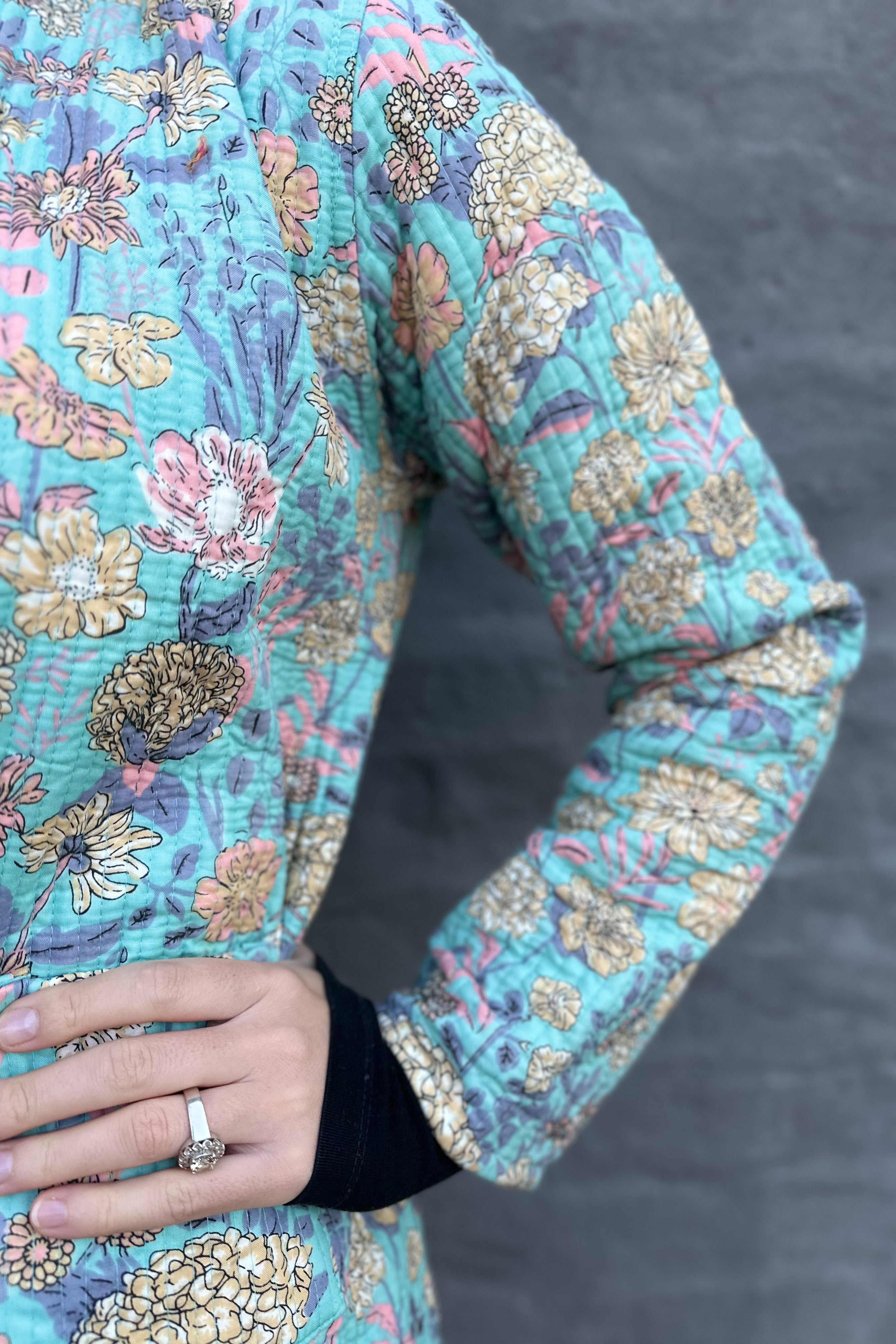 Quilted Cotton Jacket In Turquoise Floral