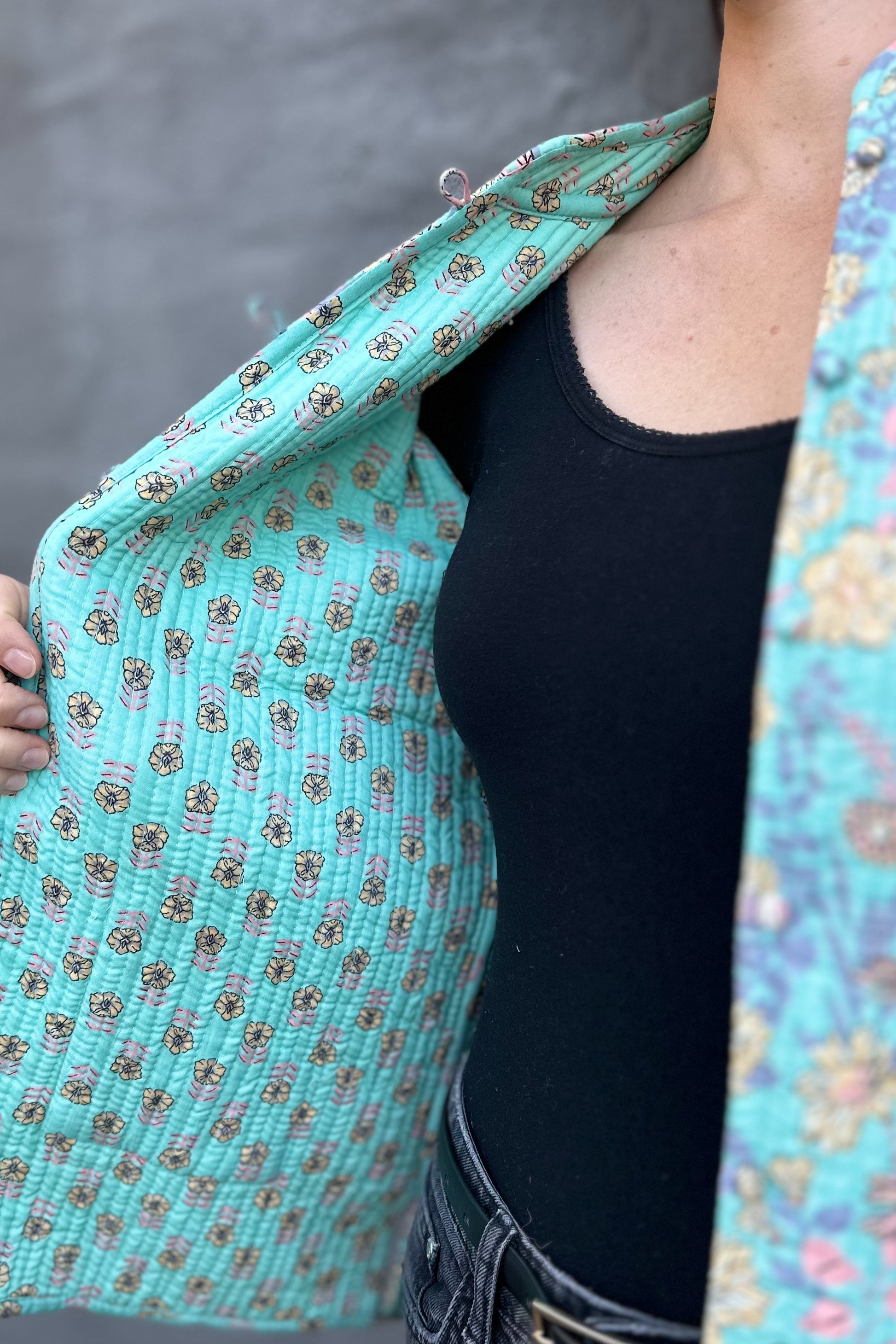 Quilted Cotton Jacket In Turquoise Floral