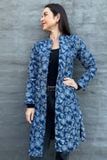 Quilted Cotton Coat In Indigo Botanical