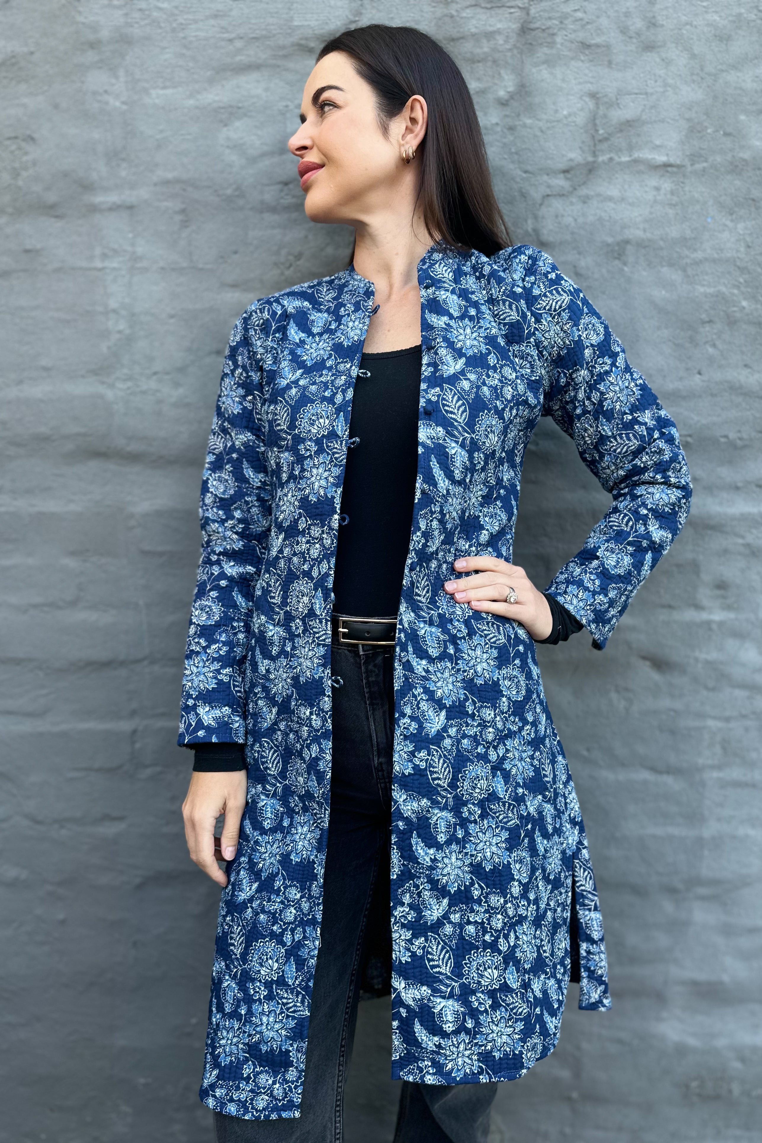 Quilted Cotton Coat In Indigo Botanical