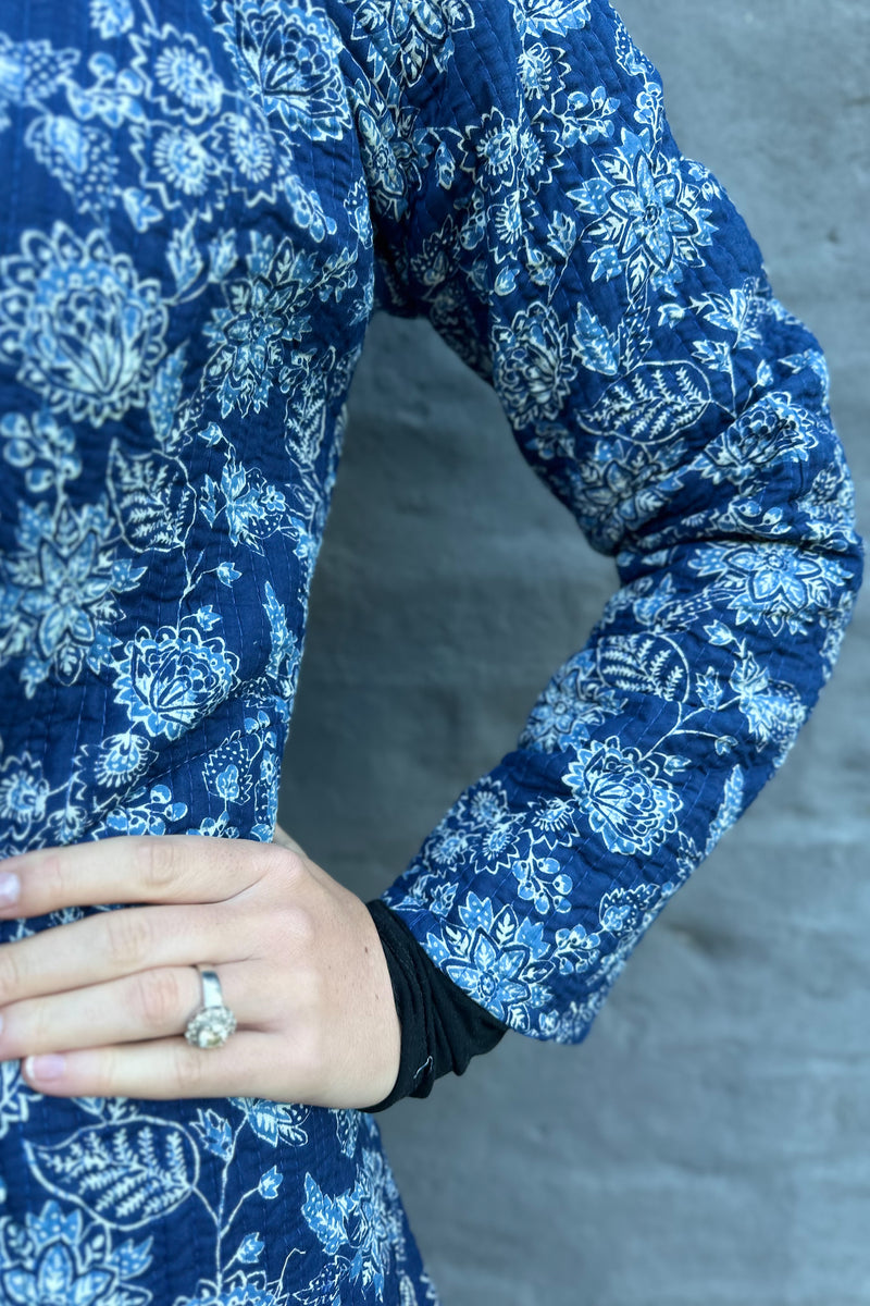 Quilted Cotton Coat In Indigo Botanical
