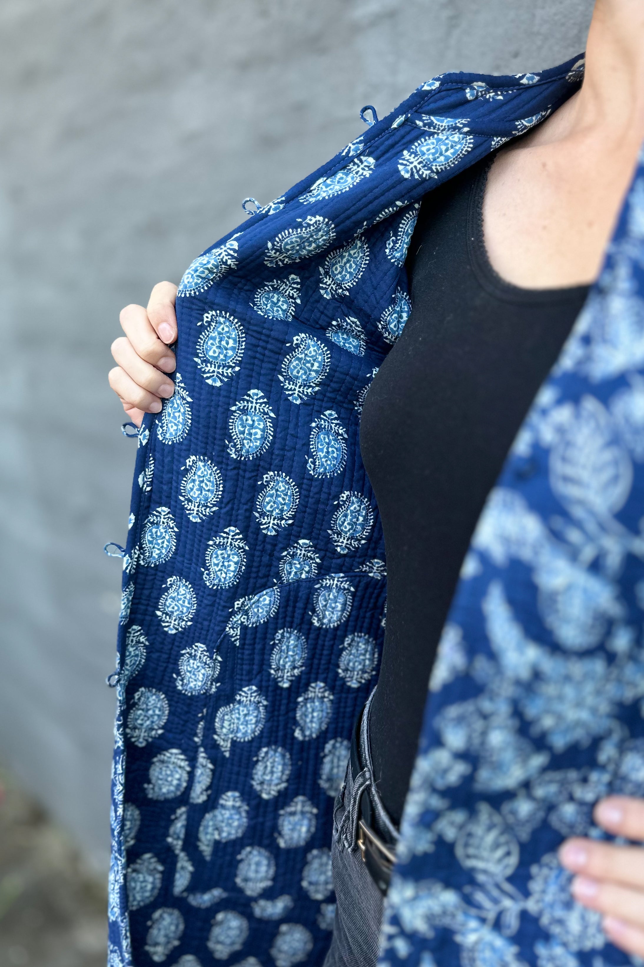 Quilted Cotton Coat In Indigo Botanical