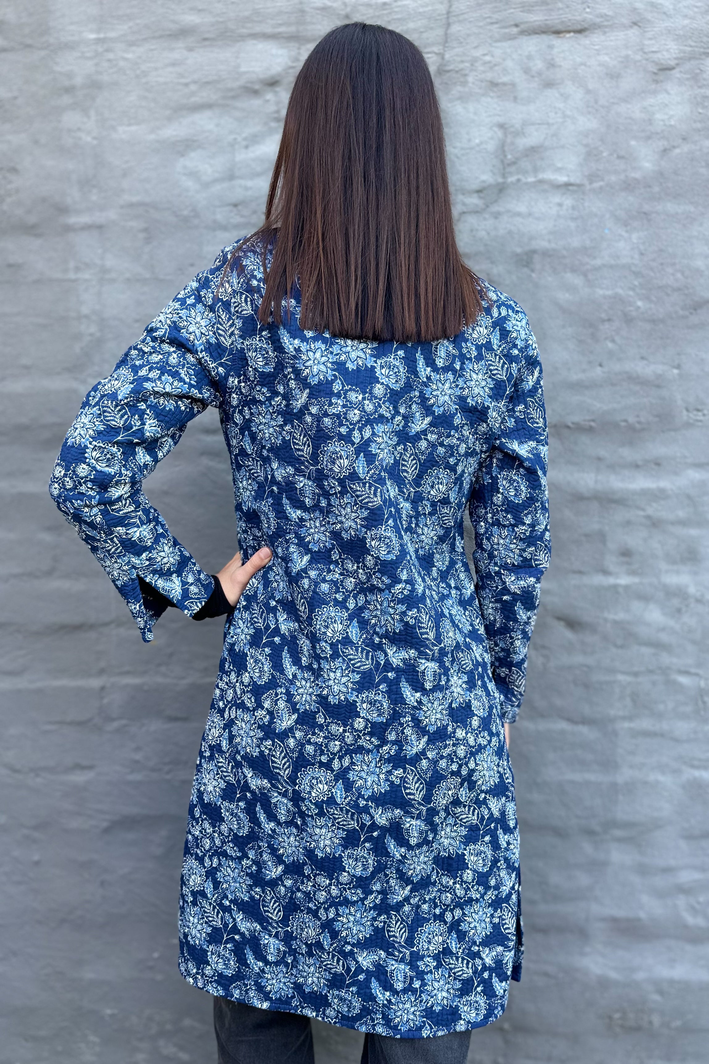 Quilted Cotton Coat In Indigo Botanical