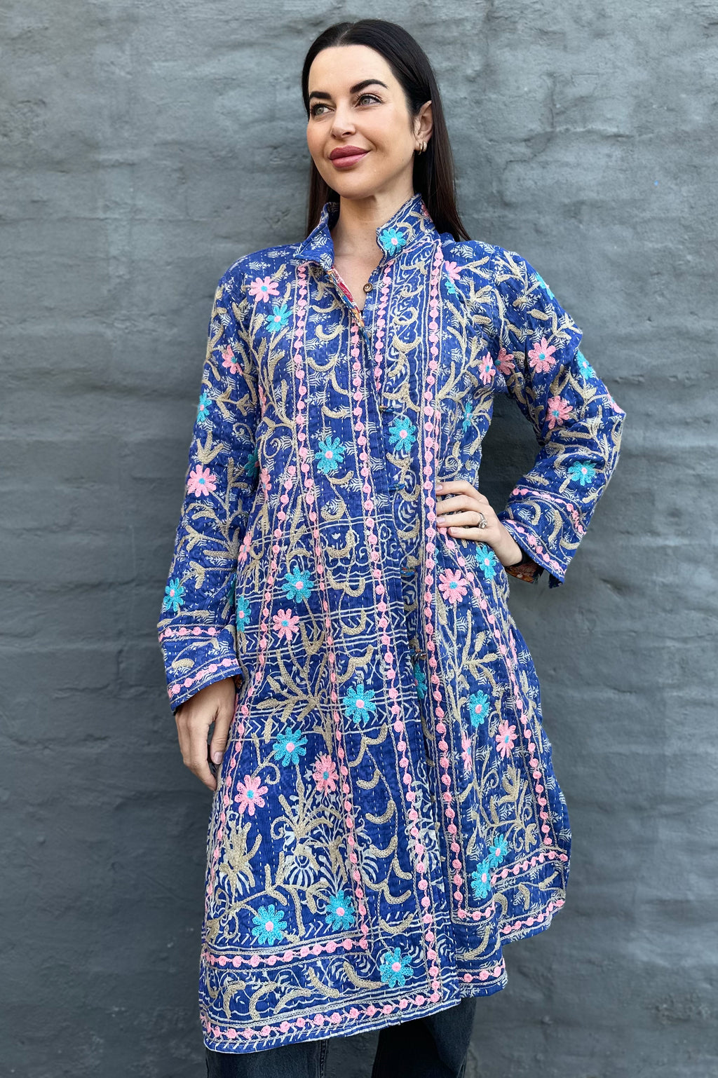 Embroidered Kantha Jacket In Baby Pink Daisy