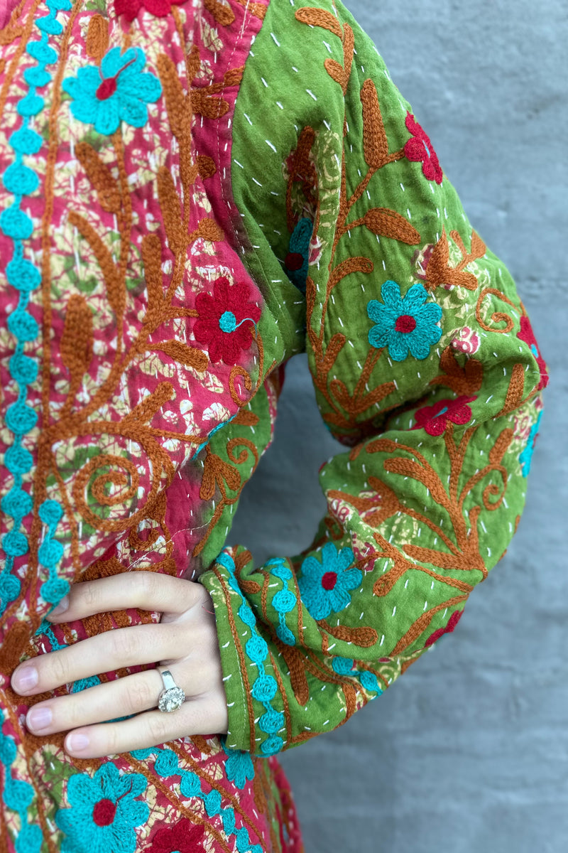 Embroidered Kantha Jacket In Turquoise & Red Daisy