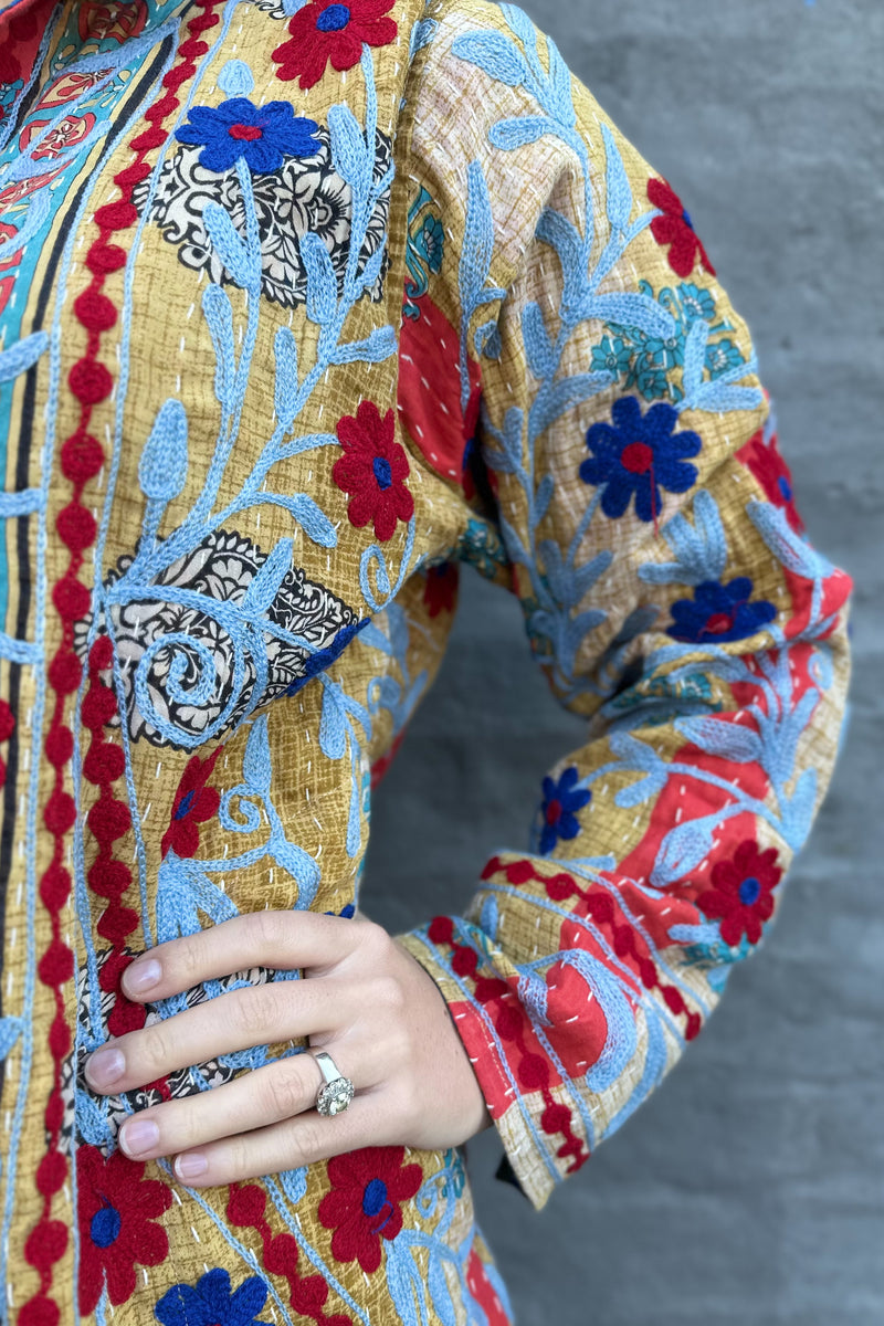 Embroidered Kantha Jacket In Ruby & Sapphire Daisy