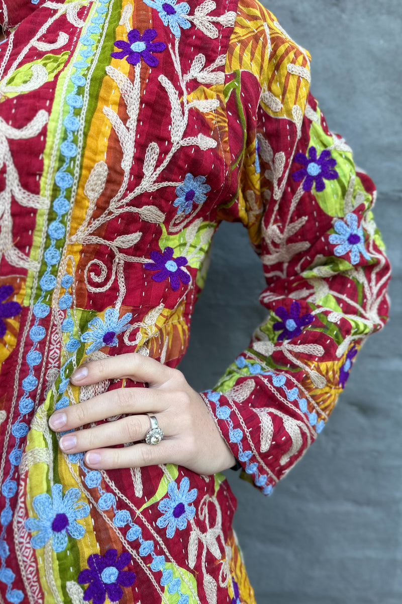 Embroidered Kantha Jacket In Purple & Ice Daisy