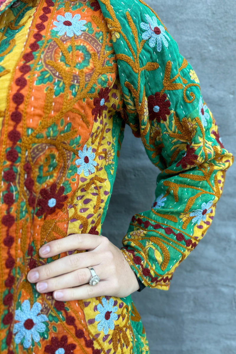 Embroidered Kantha Jacket In Chocolate & Sky Daisy