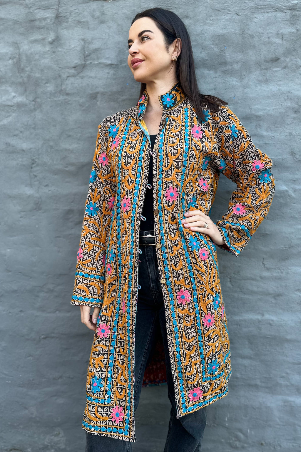 Embroidered Kantha Jacket In Ocean & Pink Daisy
