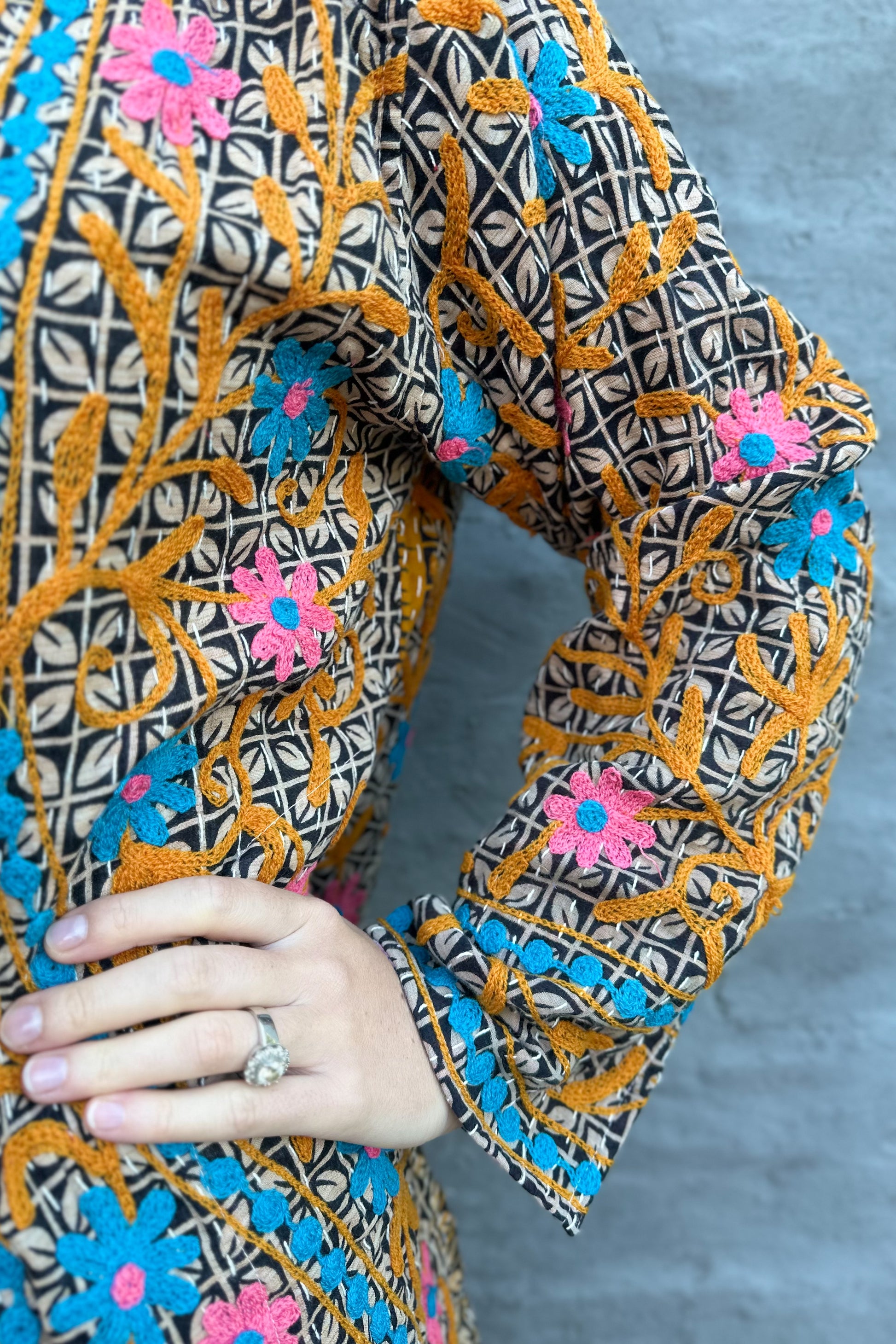 Embroidered Kantha Jacket In Ocean & Pink Daisy