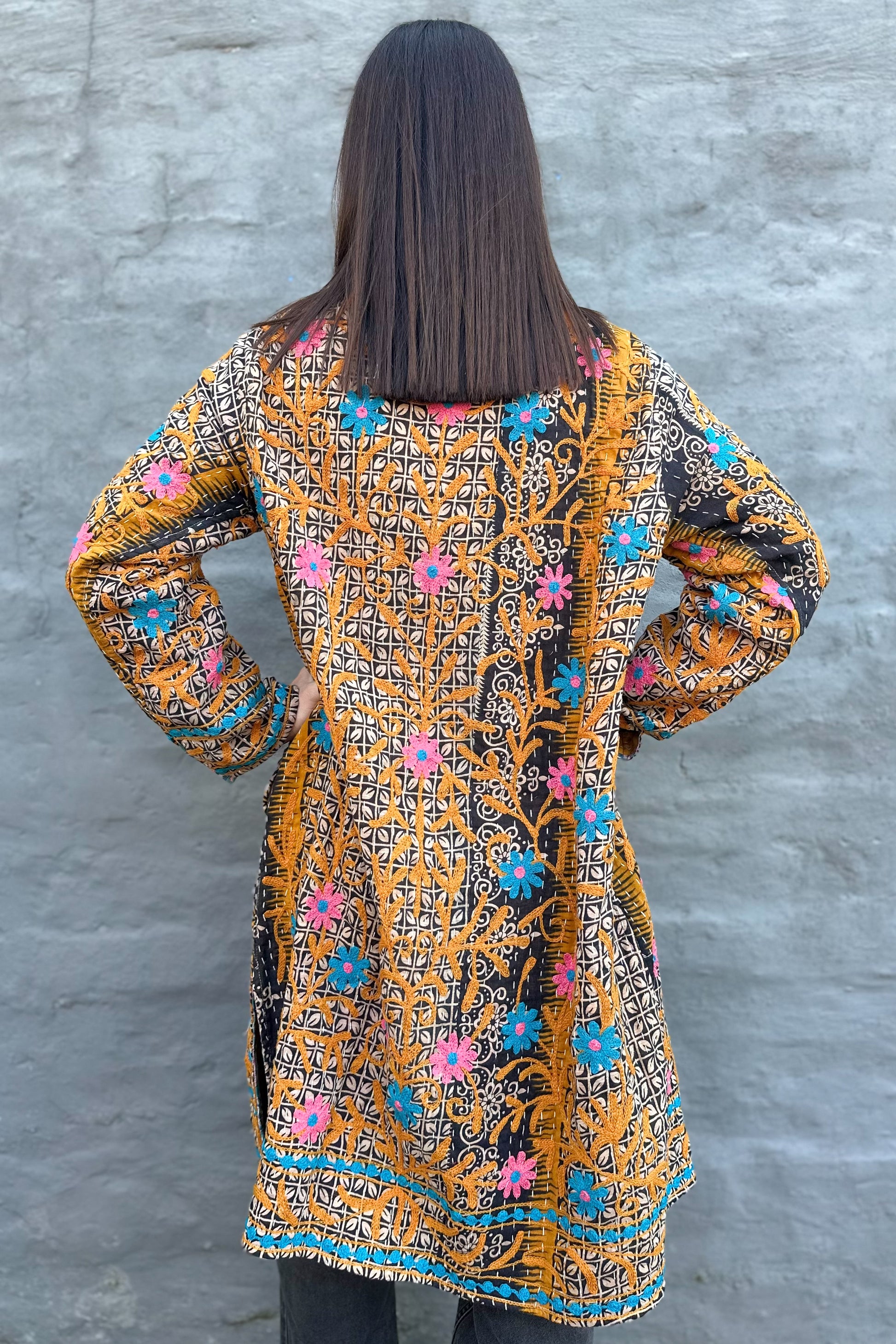 Embroidered Kantha Jacket In Ocean & Pink Daisy