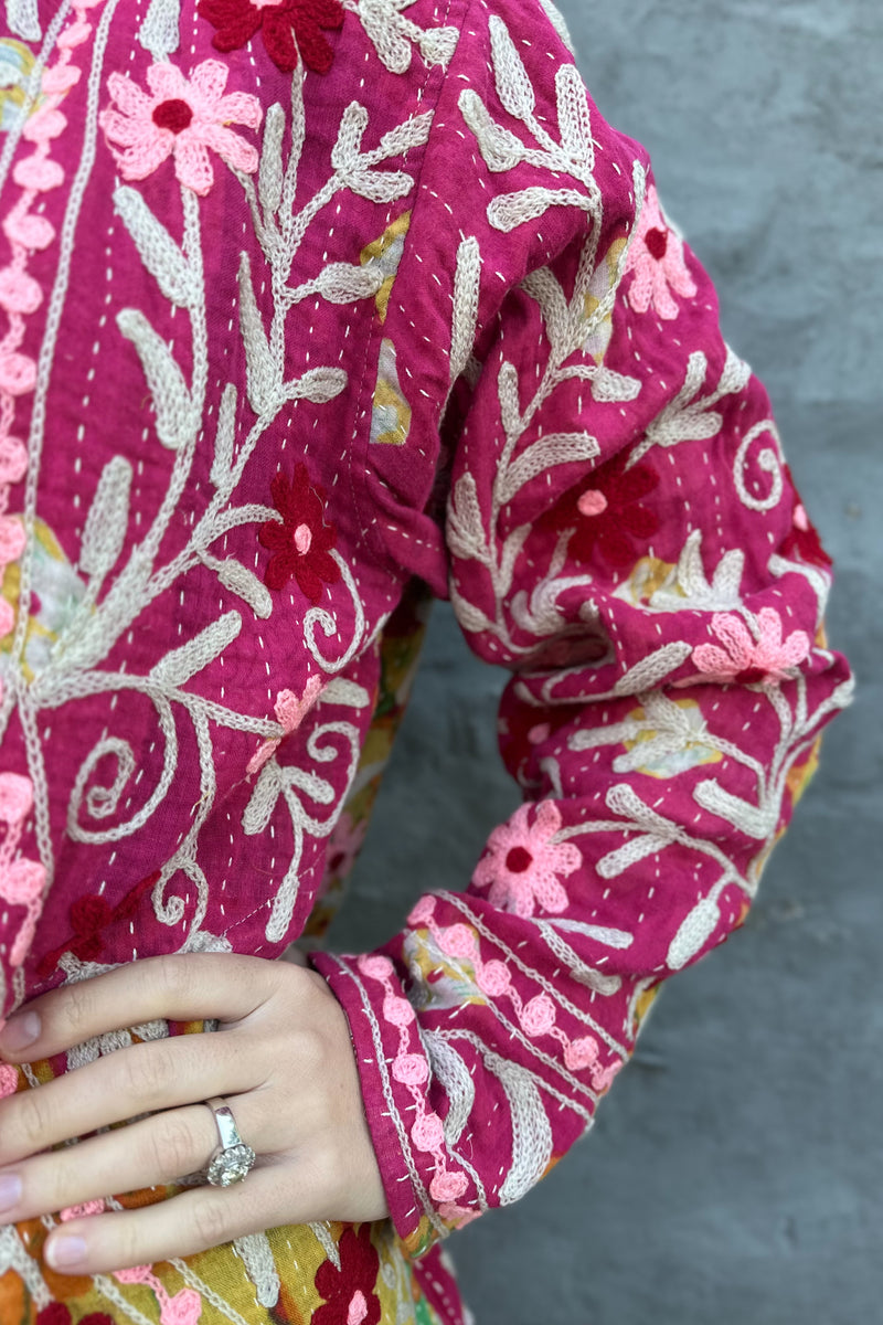 Embroidered Kantha Jacket In Pink & Red Daisy
