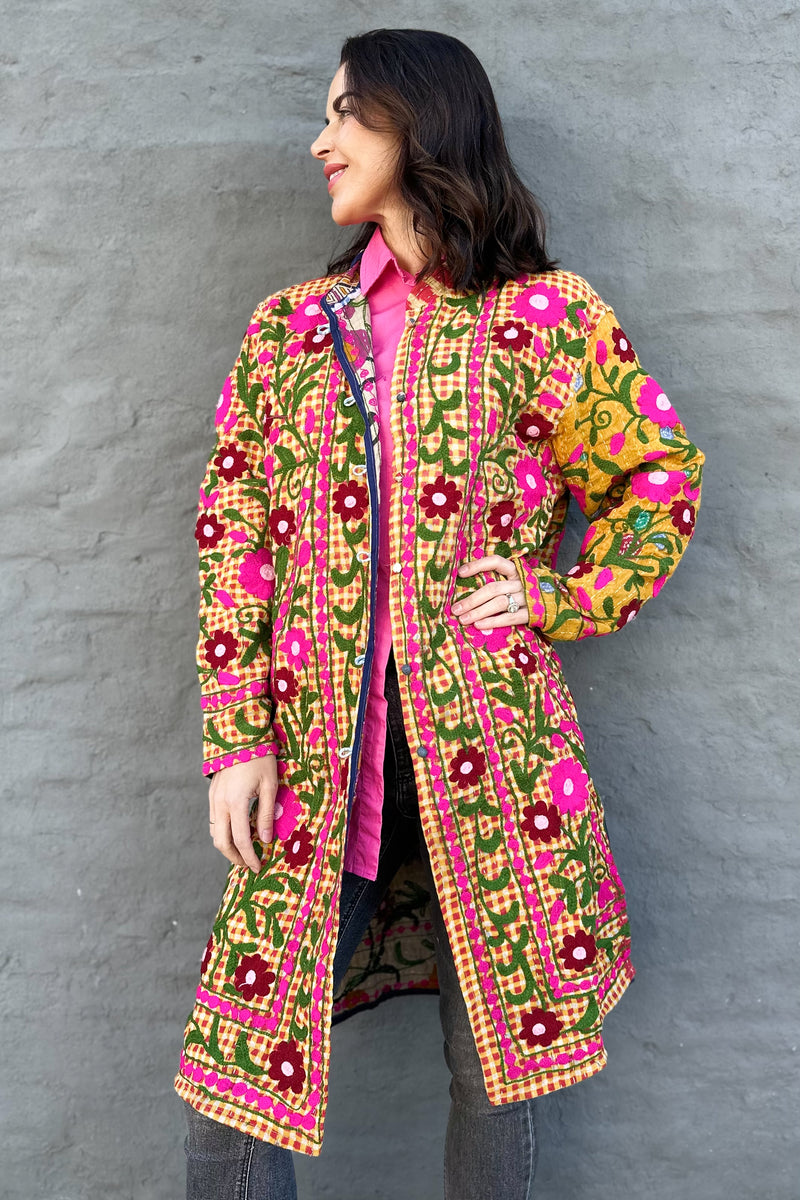 Embroidered Kantha Jacket In Crimson & Fuchsia Daisy Exotic Marigold Boutique